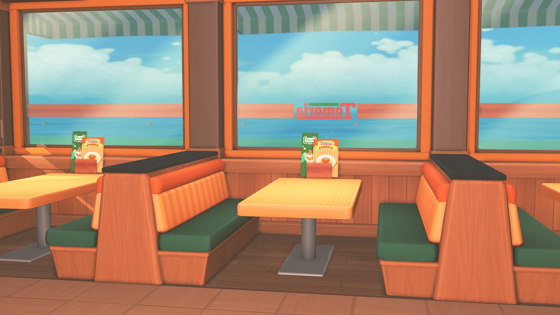 Tomodachi Life: Living the Dream HD PC desktop wallpaper — cheerful Tomodachi Life diner interior with orange booths, green seats, tables and ocean view through large windows.