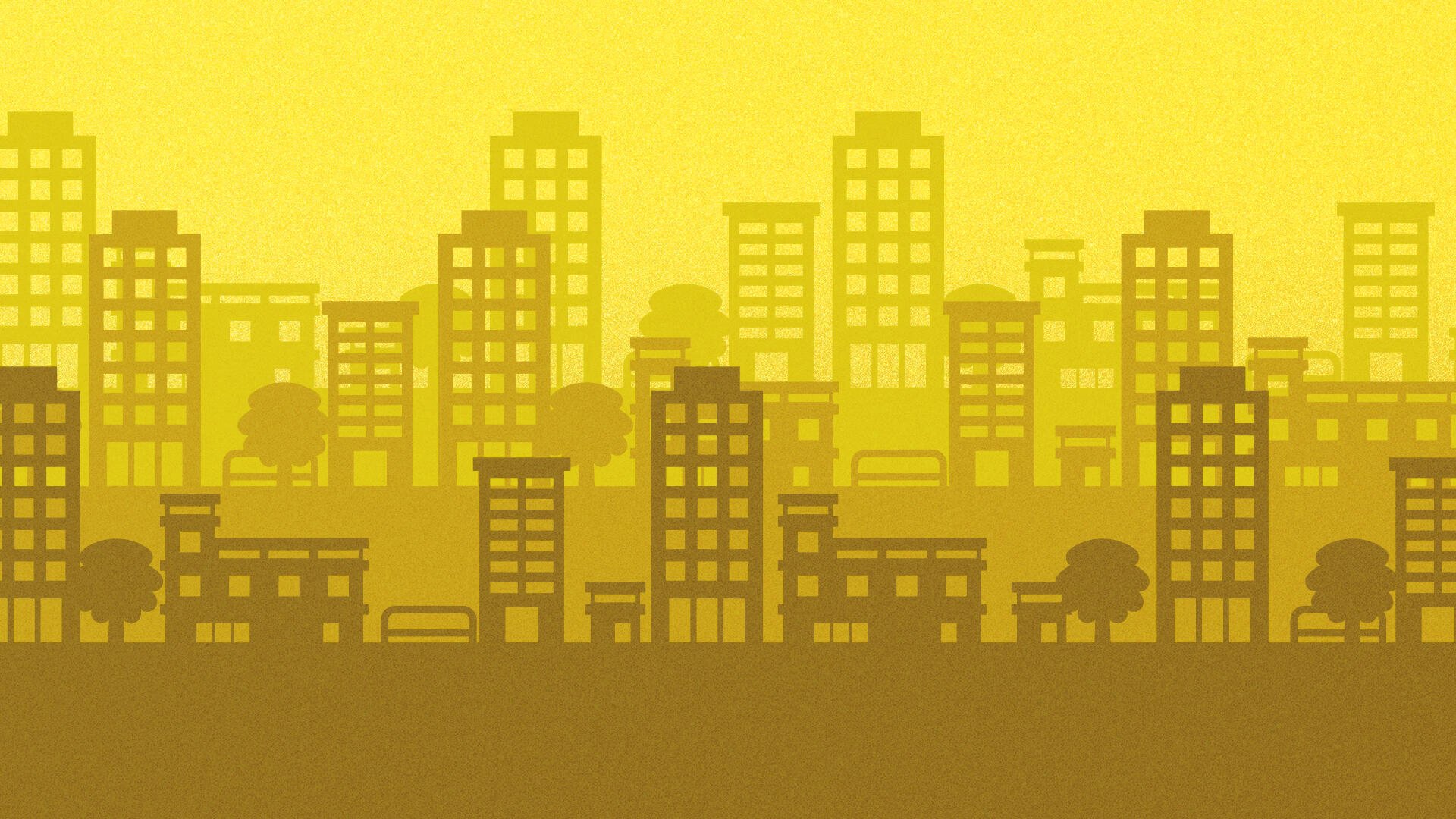 Tomodachi Life: Living the Dream HD PC desktop wallpaper background — stylized yellow city skyline silhouette with layered buildings and trees.