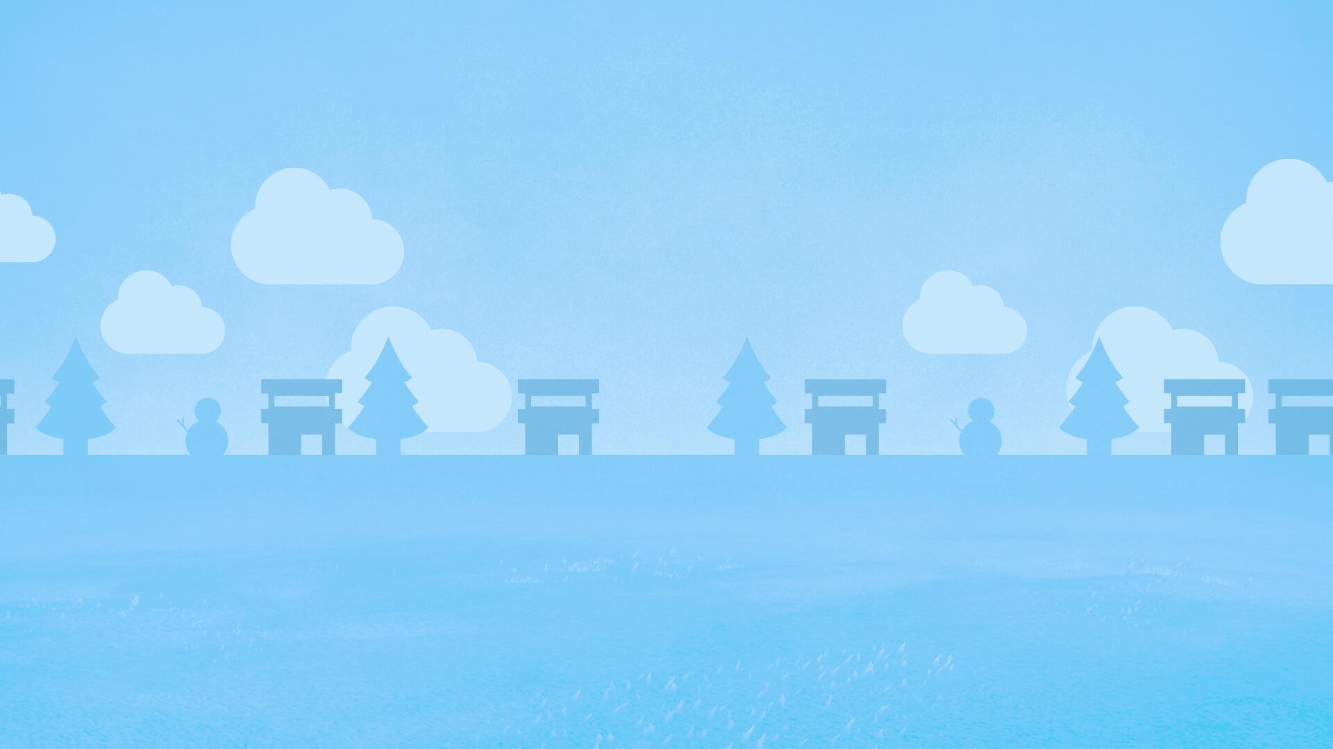 Tomodachi Life: Living the Dream HD desktop wallpaper — minimalist pastel-blue park scene with benches, stylized trees and fluffy clouds.