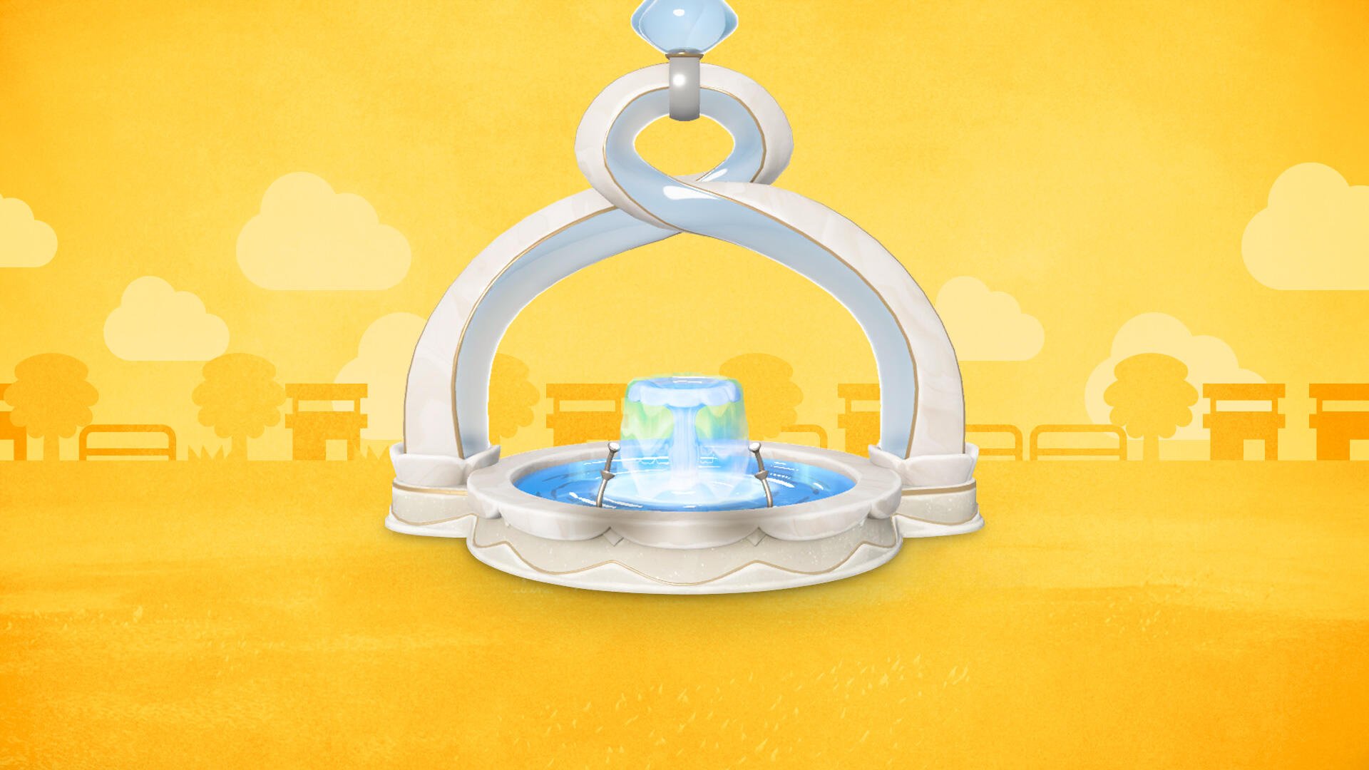 Tomodachi Life: Living the Dream HD PC desktop wallpaper and background — a white fountain with blue water centered on a sunny yellow field with park silhouettes.