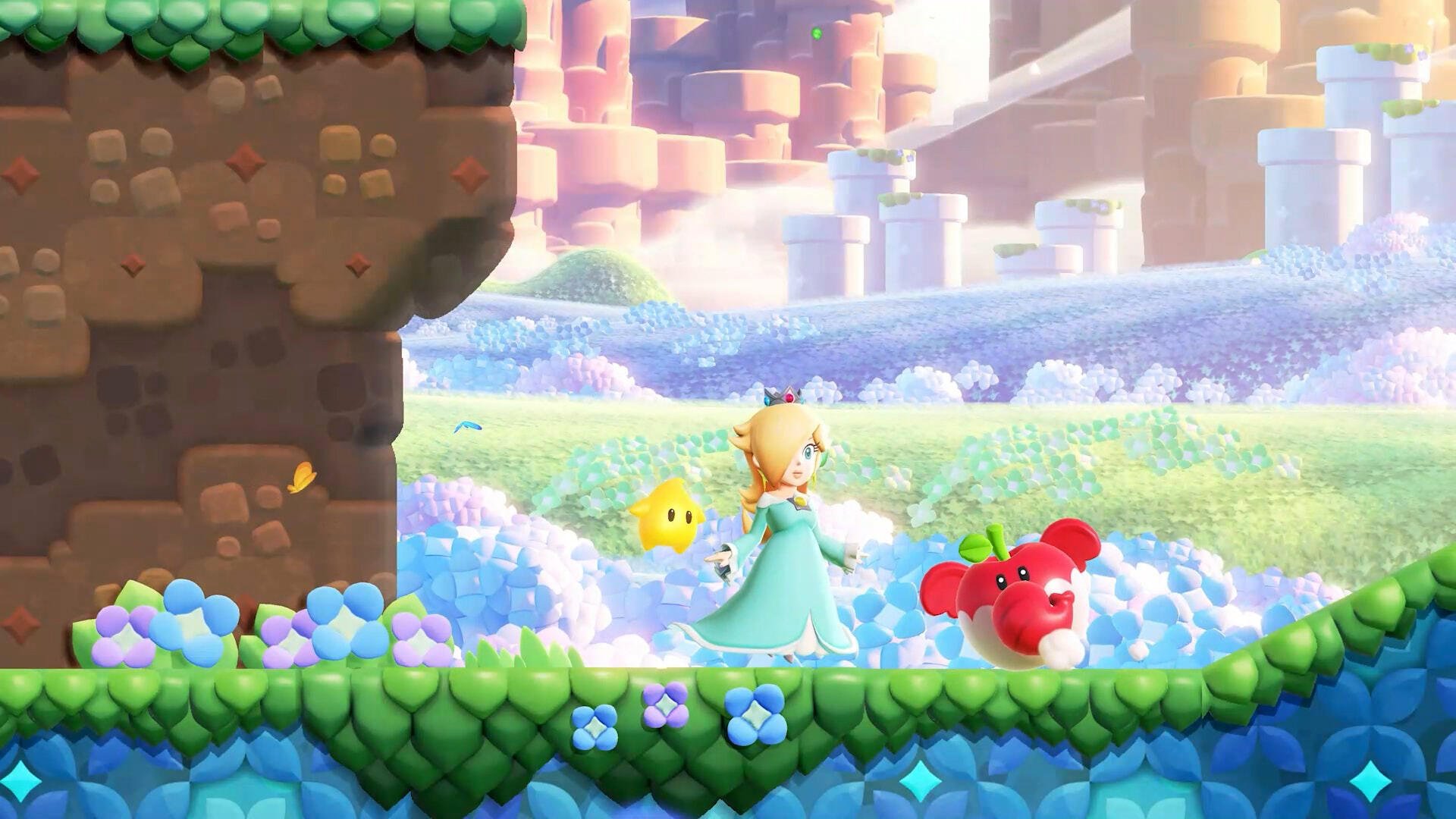 Super Mario Bros. Wonder HD PC desktop wallpaper: Rosalina walks with a glowing Luma and small red creature across a sparkling, flower-covered platform in a bright, whimsical landscape.