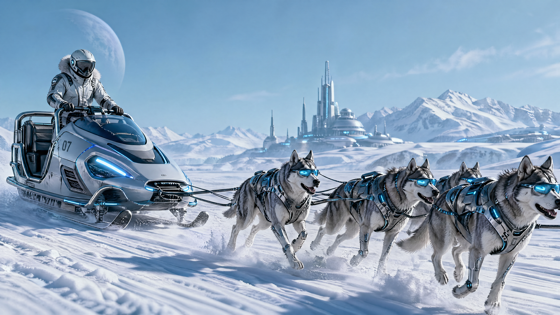 Futuristic dog sled teams racing across snowy plains toward a distant ice city under a large moon; astronaut driver on a sleek sled. 4K Ultra HD PC desktop wallpaper and background.