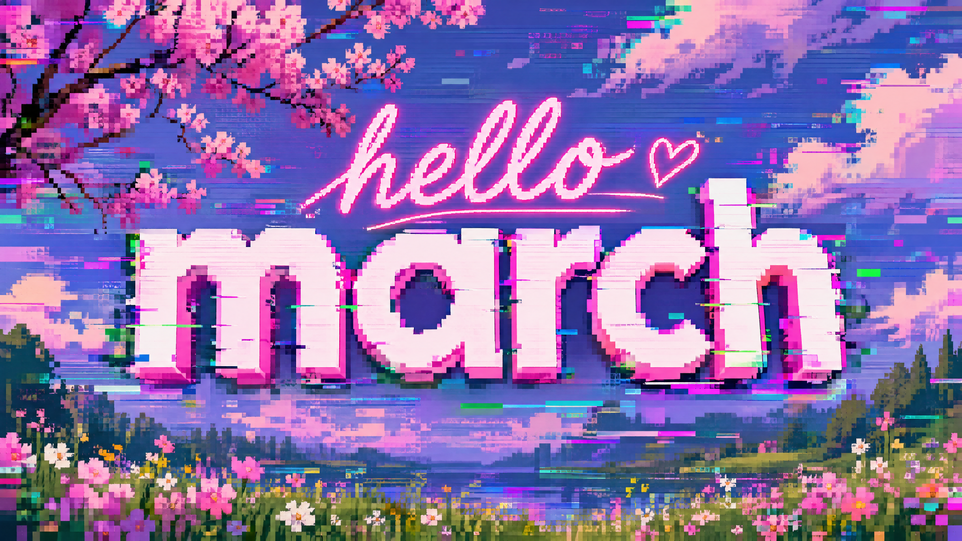 4K Ultra HD PC desktop wallpaper and background: pixel-art spring landscape reading 'hello march' in neon script over bold glitchy letters, cherry blossoms and a wildflower meadow.