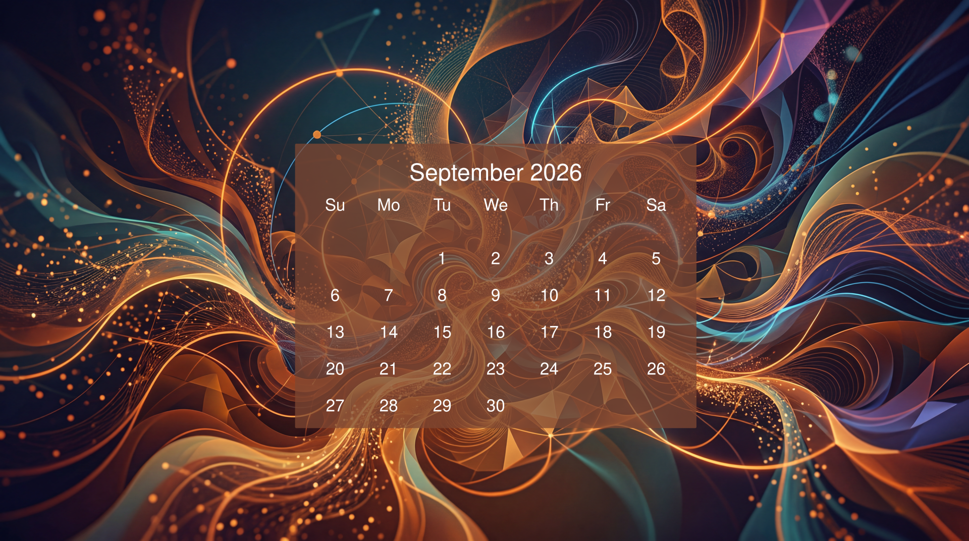 September 2026 calendar overlaid on vibrant abstract swirls and particles — 5K Ultra HD PC desktop wallpaper and background.