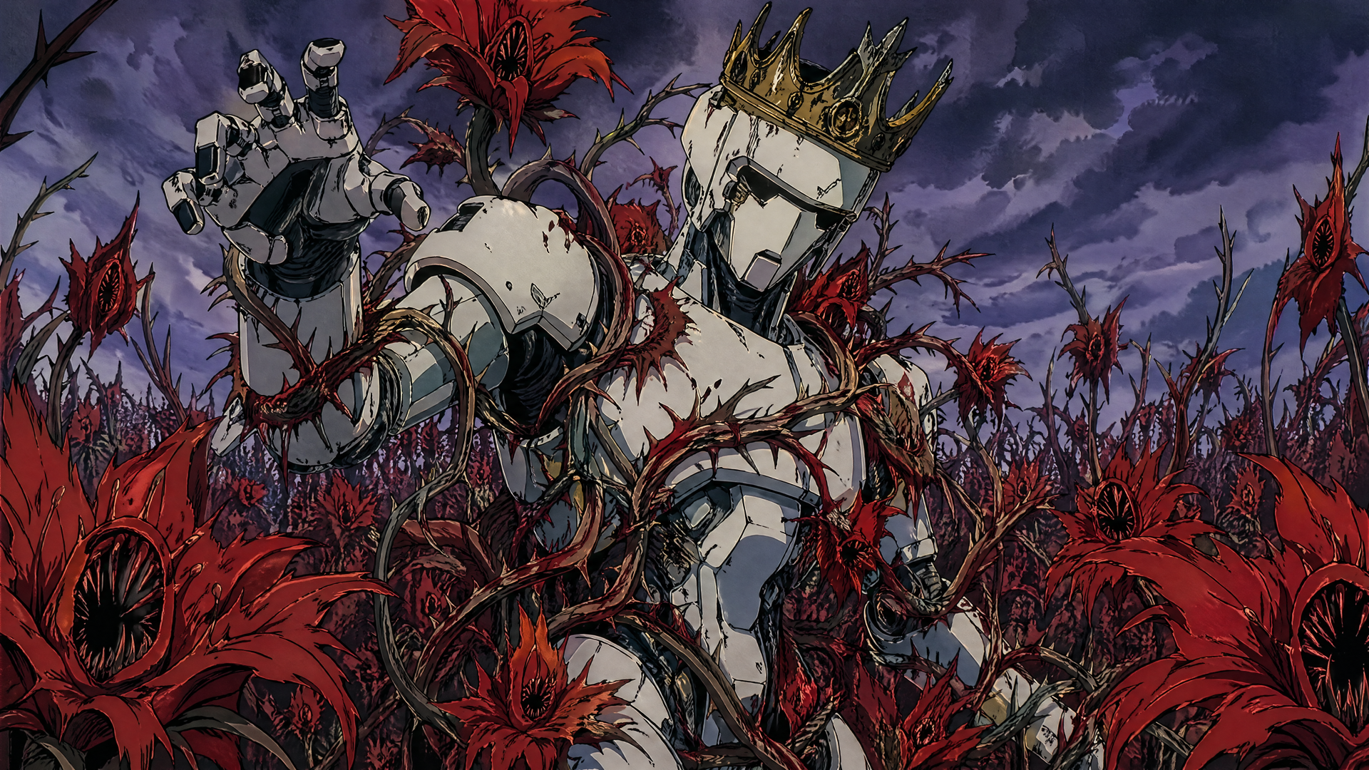 Sci-fi robot king crowned and torn, entangled in blood-red carnivorous flowers beneath a stormy sky — 4K Ultra HD PC desktop wallpaper/background