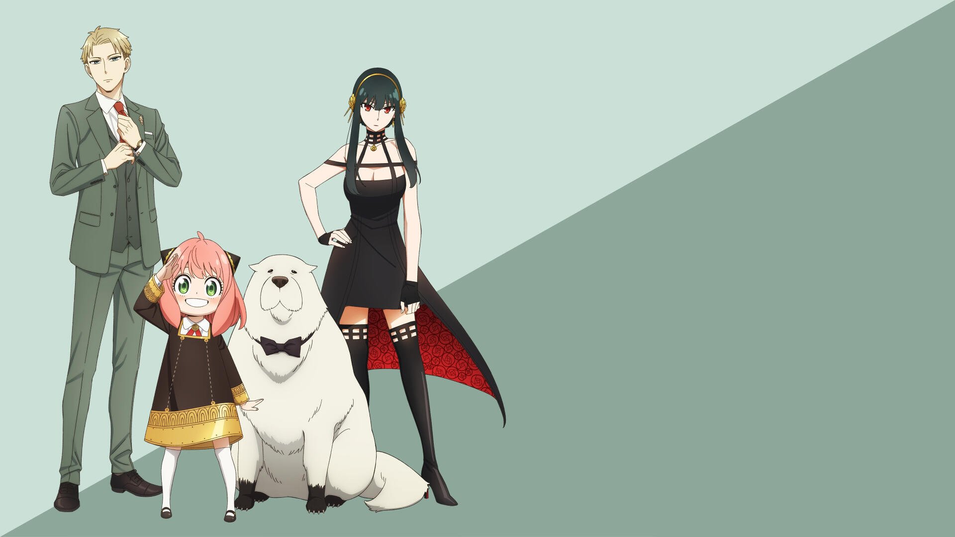Spy x Family 4K Ultra HD PC desktop wallpaper: Loid, Anya, Yor and the white dog Bond pose left on a diagonal mint-green background with empty right-side space.