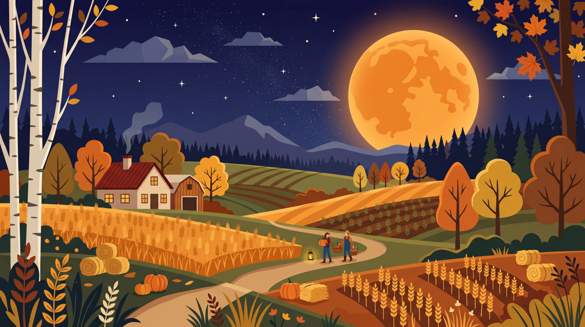 5K Ultra HD PC desktop wallpaper: harvest moon nature scene — golden full moon over autumn fields, farmhouse, hay bales, birch trees and figures walking a winding path.