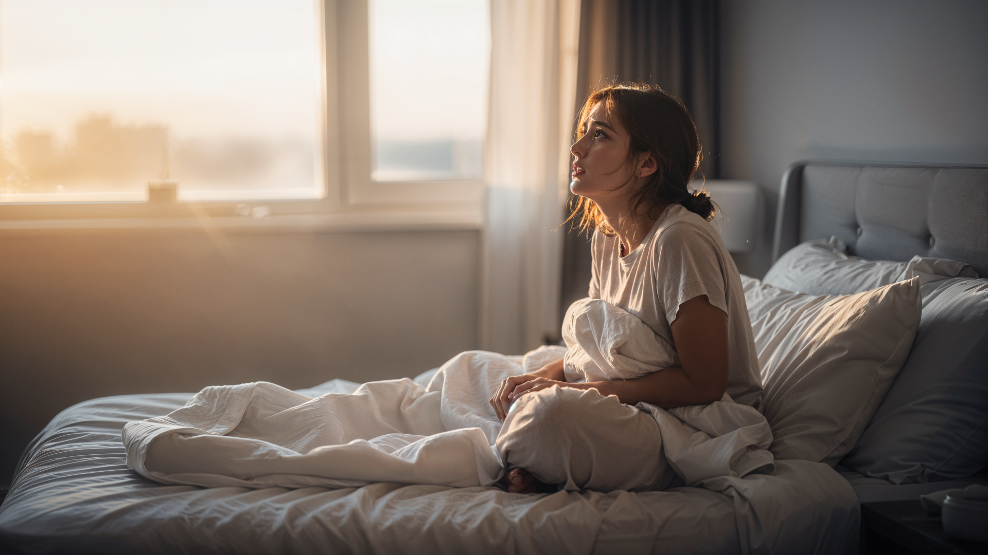 Waking up: soft morning sunlight on a person sitting in bed, wrapped in sheets, serene bedroom scene — 4K Ultra HD PC desktop wallpaper and background.