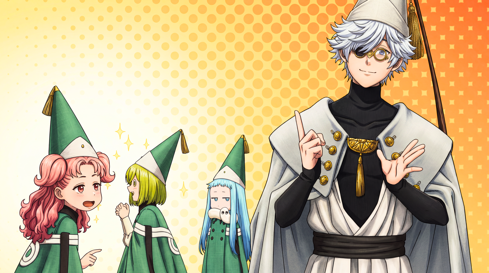 Witch Hat Atelier anime 5K Ultra HD PC wallpaper featuring Qifrey in robes with Coco, Tetea and two pupils in green witch hats against a warm dotted background