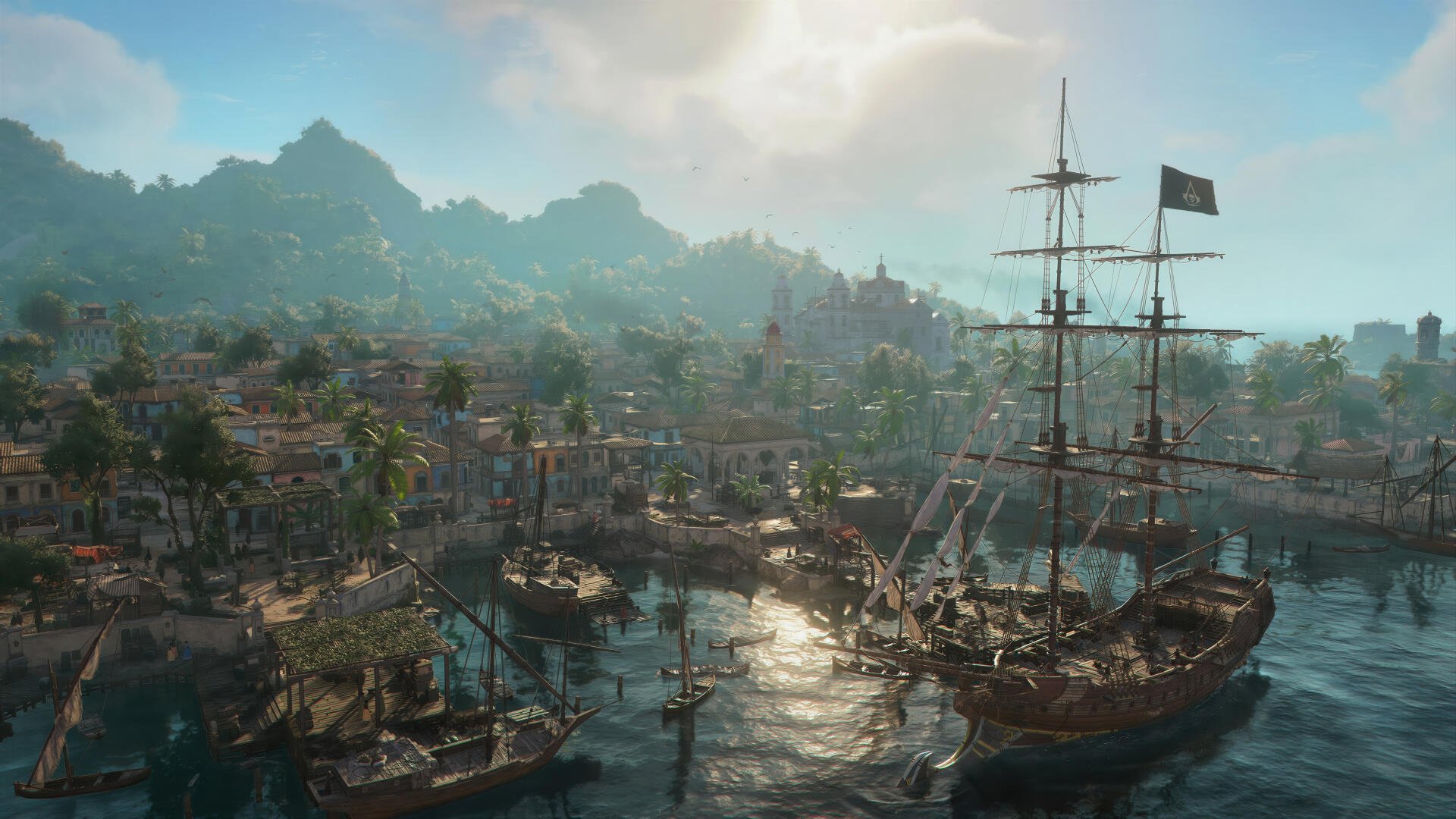 Assassin's Creed Black Flag Resynced 4K Ultra HD PC wallpaper: sunlit Caribbean harbor with a tall ship, bustling colonial port, palm trees and distant mountains.
