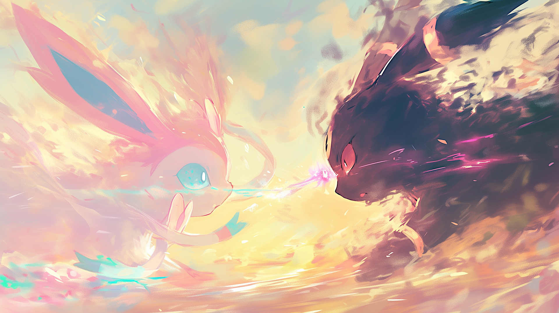2K Quad HD PC wallpaper of Pokémon Eeveelutions Sylveon and Umbreon touching noses as a glowing energy beam connects them amid a swirling pastel sky.
