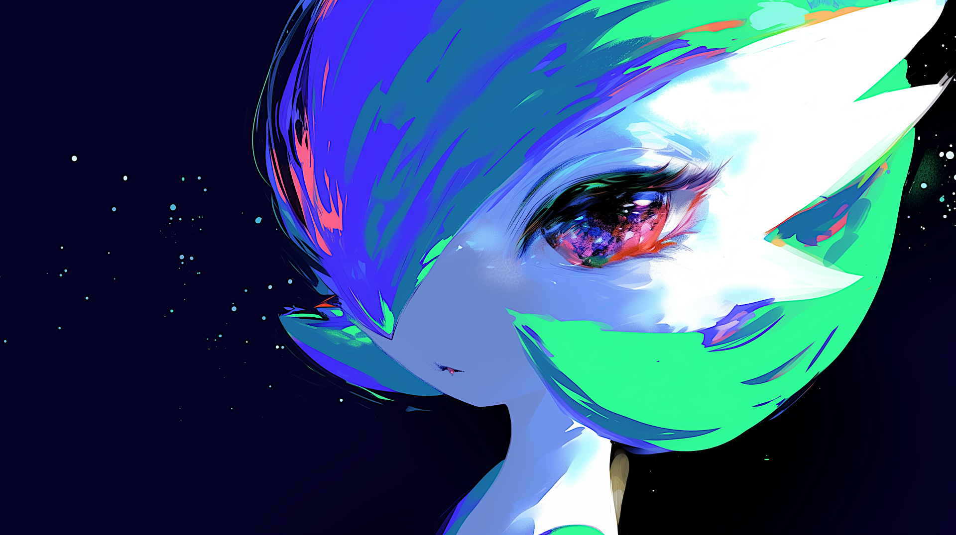 Vibrant close-up of Gardevoir (Pokémon) in neon blues and greens with a glittering starry background — anime aesthetic 2K Quad HD PC desktop wallpaper.
