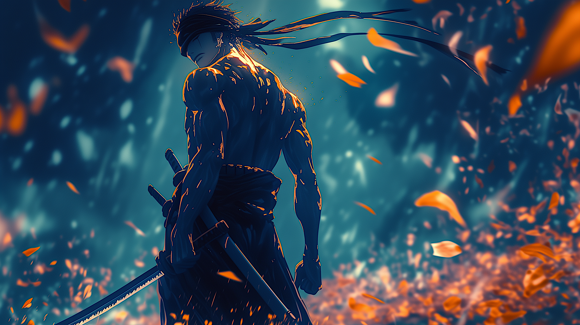 One Piece anime 2K Quad HD PC desktop wallpaper background: lone swordsman in an autumn forest, backlit amid drifting orange leaves, two katanas at his side.