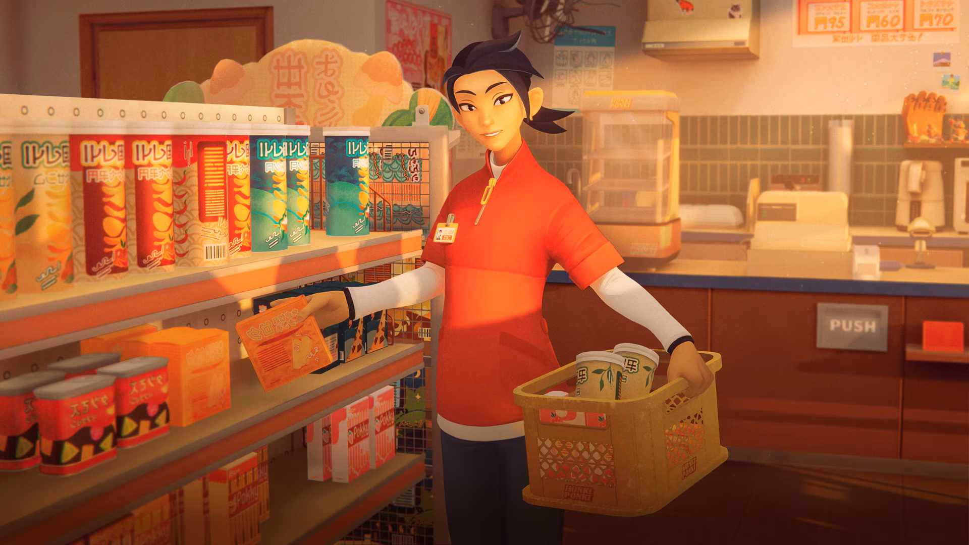 4K Ultra HD PC wallpaper from simulation game inKONBINI One Store. Many Stories: a clerk in red stocking shelves and holding a basket inside a cozy supermarket.