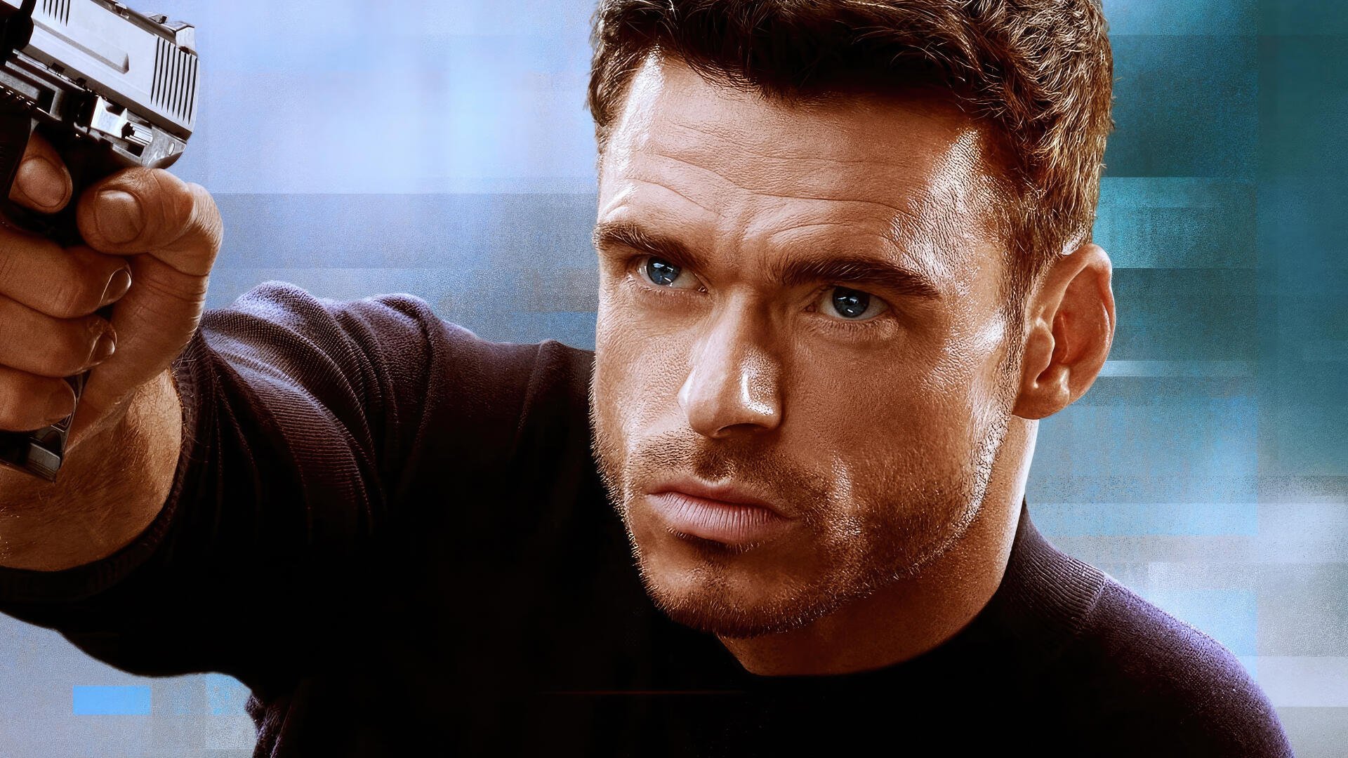 I can’t identify or name people in images. 4K UHD desktop wallpaper: close-up of a determined man pointing a handgun, dramatic lighting and intense gaze — promotional image for TV show Citadel.