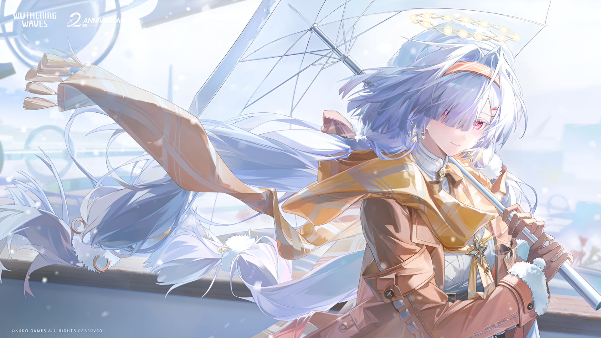 HD PC desktop wallpaper/background of Mornye (Wuthering Waves) — blue‑haired video game heroine with a translucent umbrella and flowing cloak, wind‑blown against a soft pale sky.