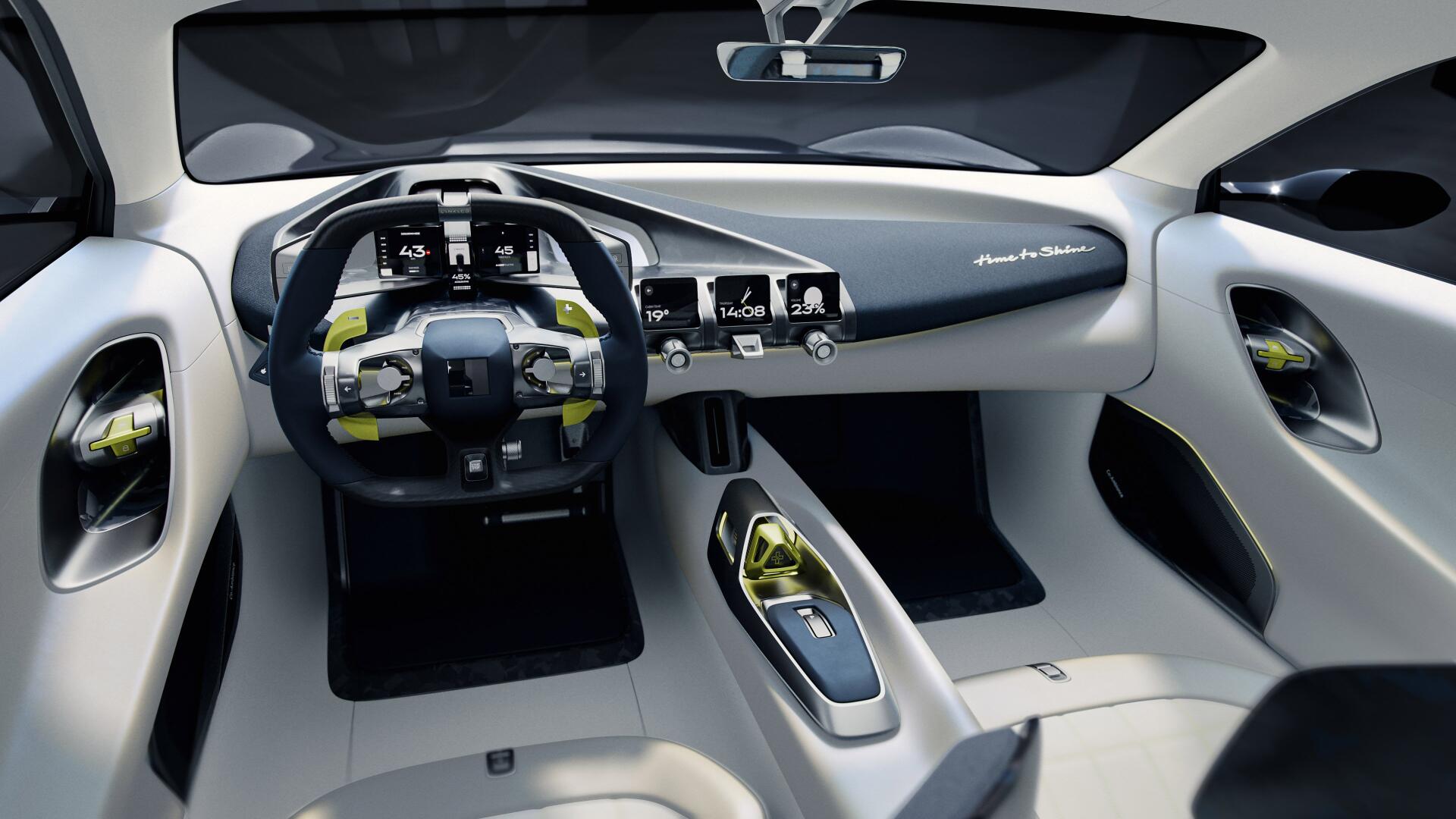 4K Ultra HD PC desktop wallpaper and background of Lynk & Co GT hypercar interior: futuristic white cockpit, digital steering cluster, minimalist dashboard and center console.