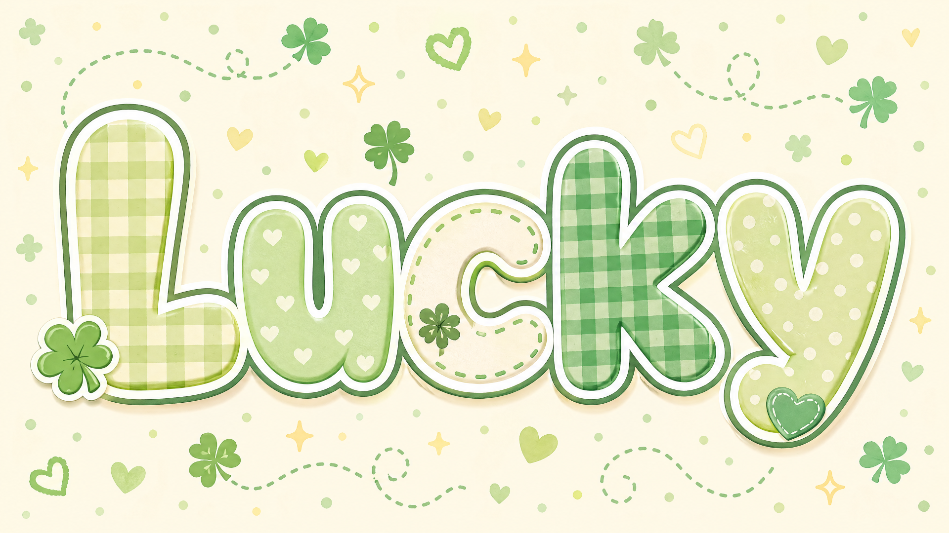 Lucky spelled in large green plaid and polka-dot letters surrounded by clovers and sparkles on cream — 4K Ultra HD PC desktop wallpaper and background