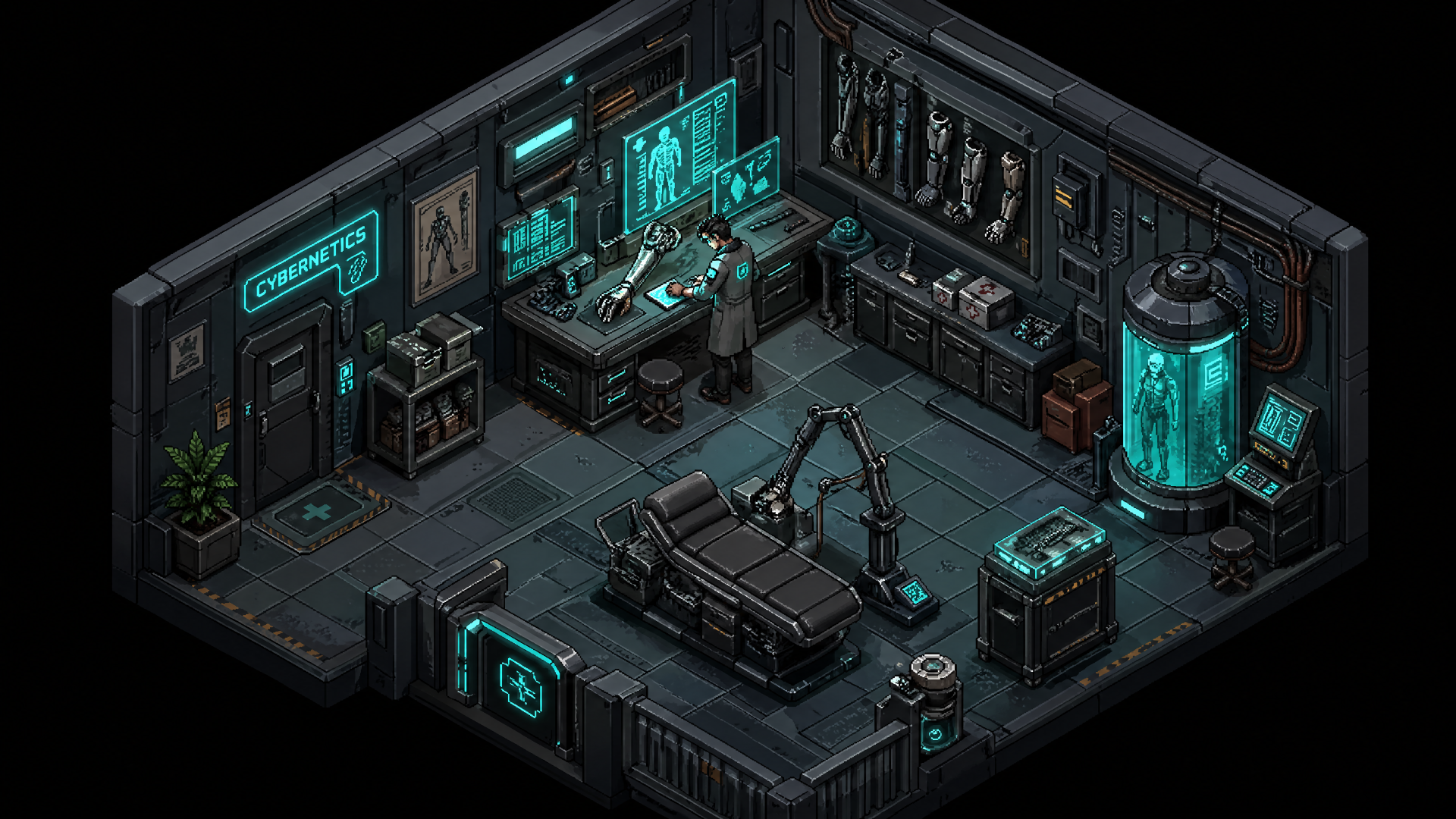 Isometric cyberneticist's lab with surgical table, robotic arms, glass specimen tank and cyan holo-monitors — 4K Ultra HD PC desktop wallpaper and background.