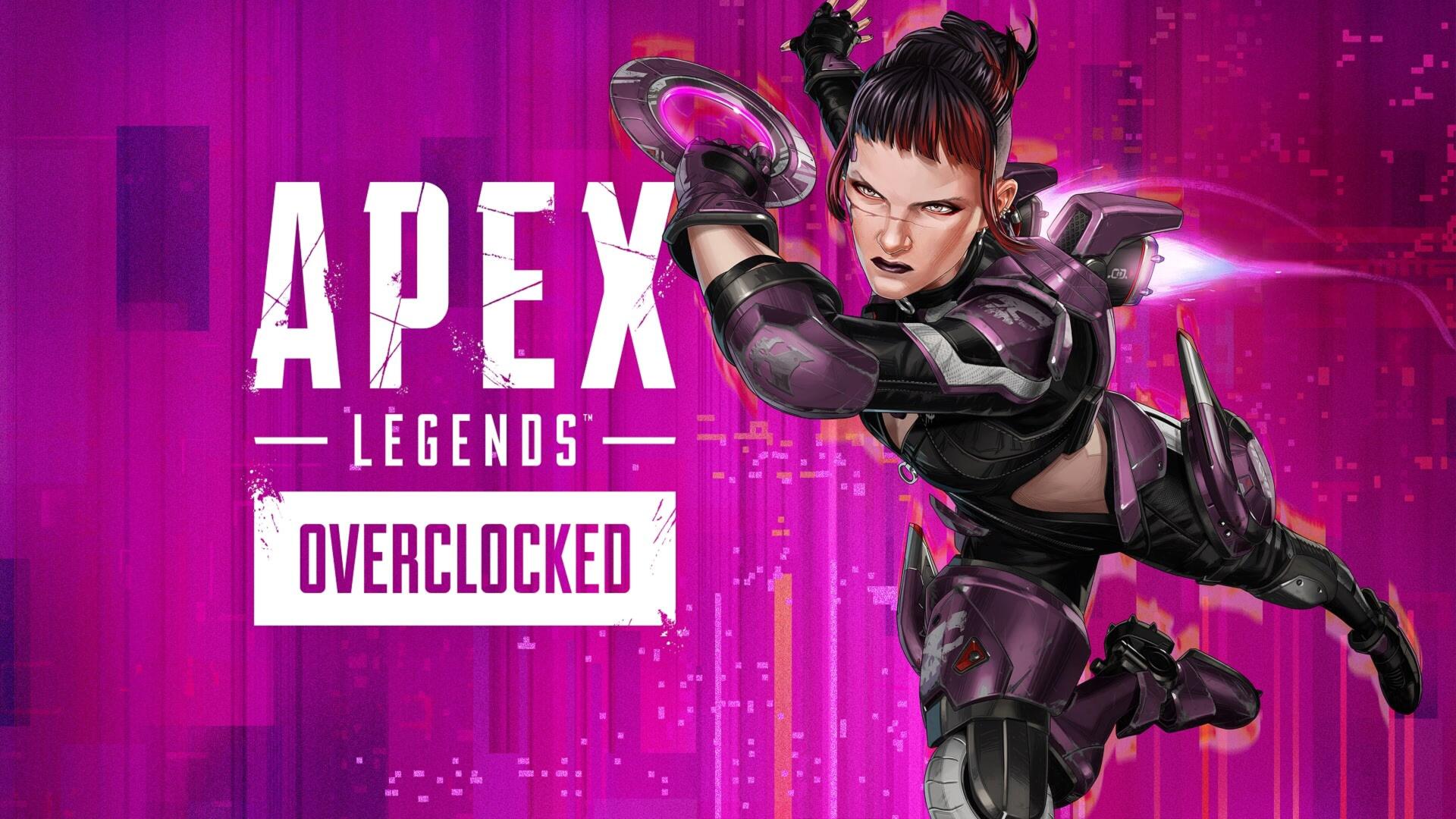 4K Ultra HD PC wallpaper of Apex Legends character Axle lunging forward on a magenta, circuit-like background, with bold APEX LEGENDS and OVERCLOCKED logos.