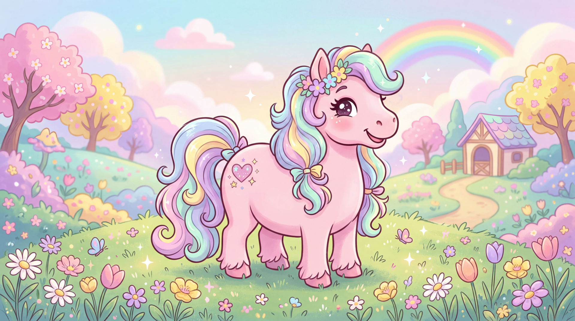 Cute pink pony with pastel rainbow mane standing in a flower-filled meadow under a rainbow, whimsical cottage and rolling hills — 5K Ultra HD PC desktop wallpaper/background.