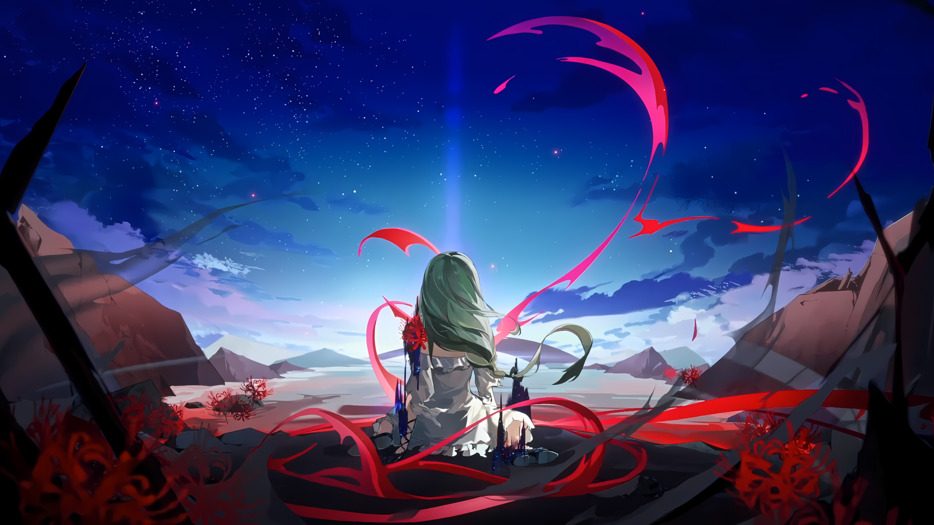 2K Quad HD PC desktop wallpaper of Phrolova from Wuthering Waves — sitting on a cliff overlooking a vast game landscape under a starry sky, red ribbons swirling around her.