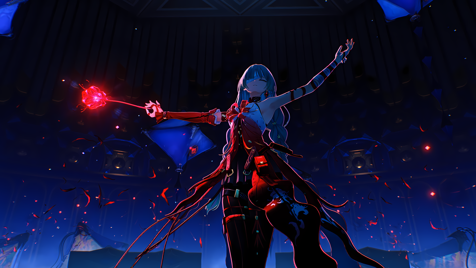2K Quad HD desktop wallpaper of Phrolova from Wuthering Waves: a dark-clad video game girl wielding a glowing red orb, striking a dramatic pose.