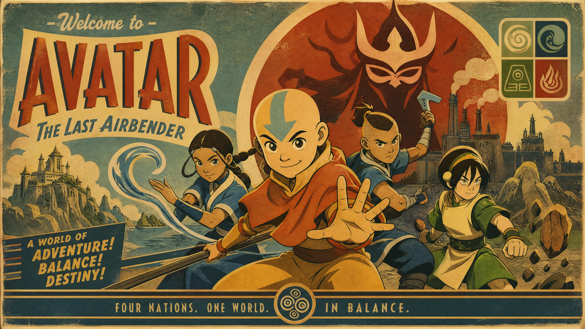 Avatar: The Last Airbender 4K Ultra HD PC desktop wallpaper — Aang, Katara, Sokka and Toph in a vintage-style poster with elemental motifs and a looming Fire Nation emblem.