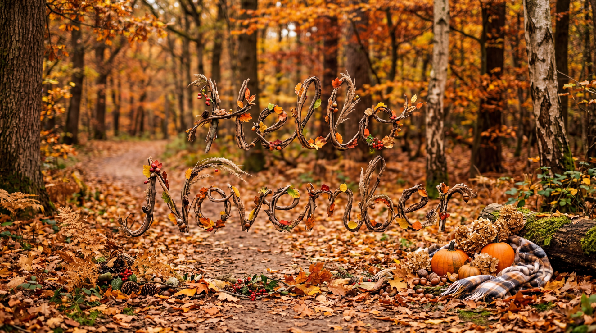Hello November script formed from branches over a leaf-strewn forest path with pumpkins, 5K Ultra HD PC desktop wallpaper/background capturing rich autumn colors.