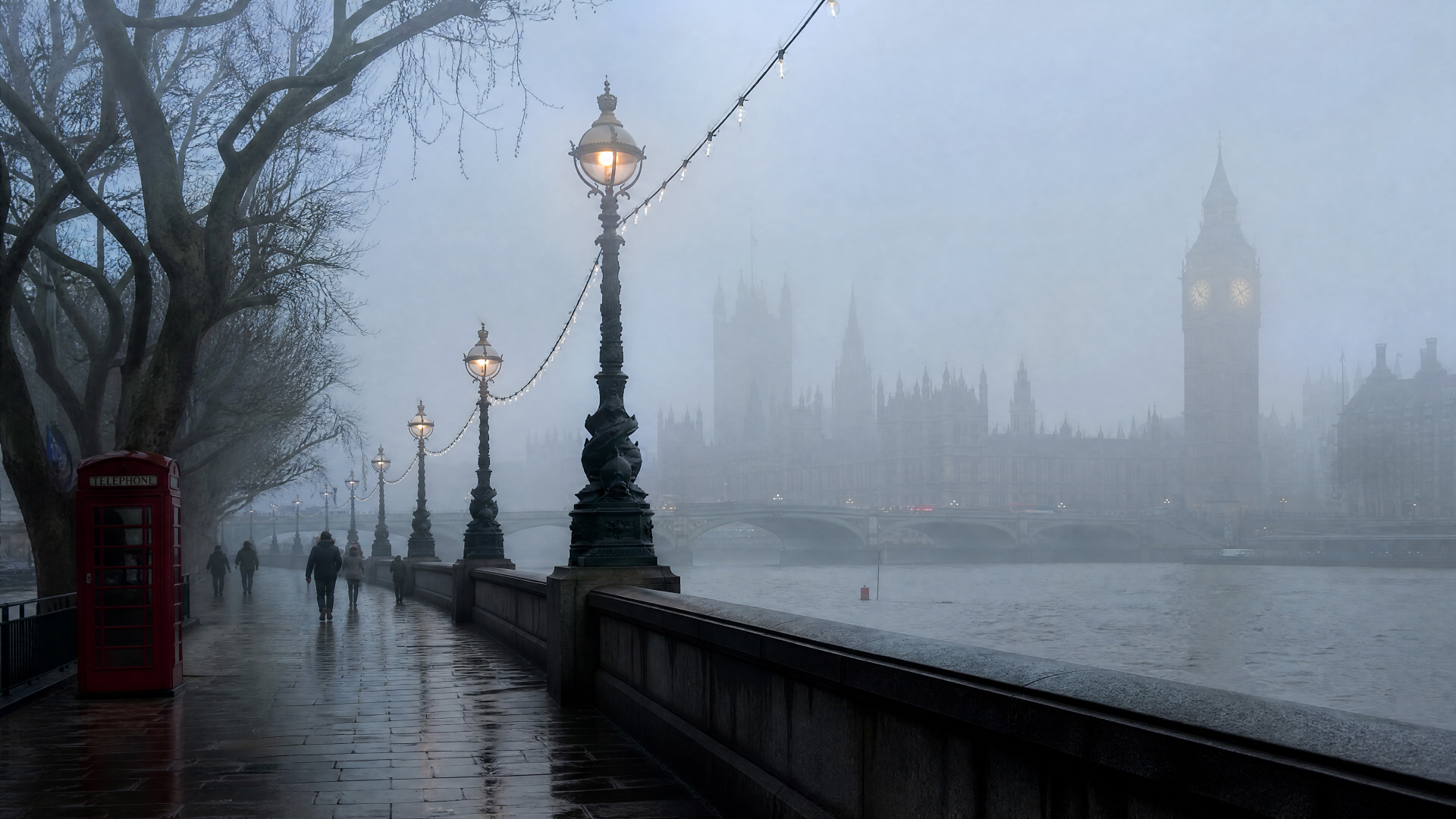 Foggy morning riverside promenade with ornate lampposts, silhouetted pedestrians and a faint clock tower across the mist, 4K Ultra HD PC desktop wallpaper.