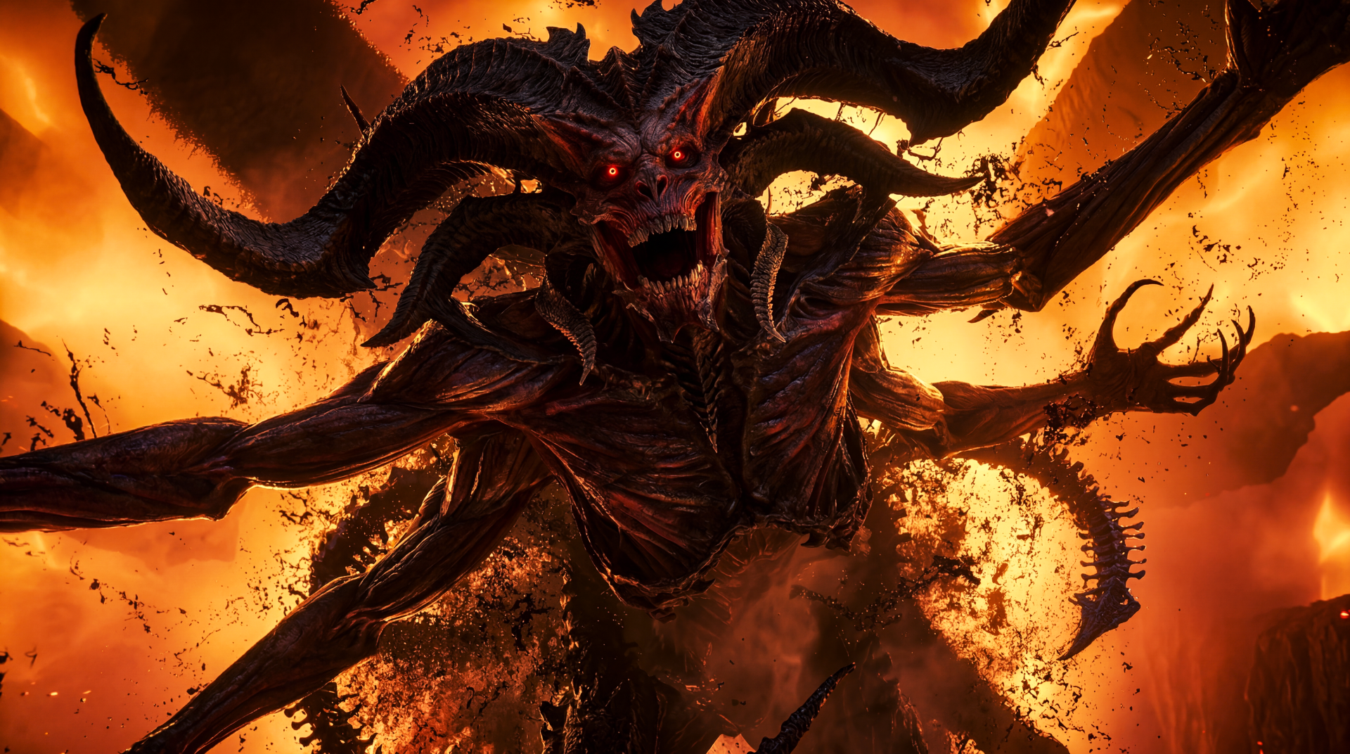 Diablo IV Lord of Hatred demon by Blizzard Entertainment: a towering, multi‑horned infernal beast wreathed in flames — 5K Ultra HD PC desktop wallpaper.