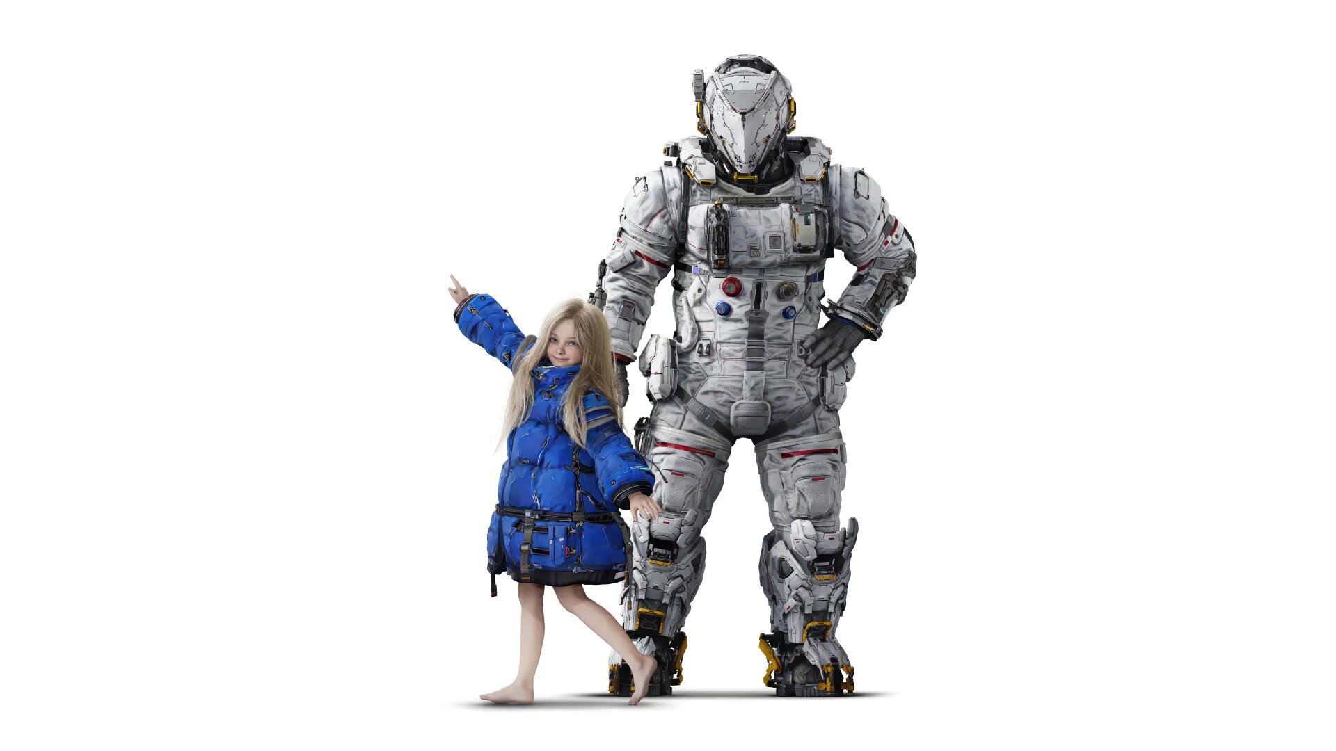 Pragmata 4K Ultra HD PC desktop wallpaper and background: barefoot girl in a blue coat pointing beside a towering armored space-suited guardian on white.