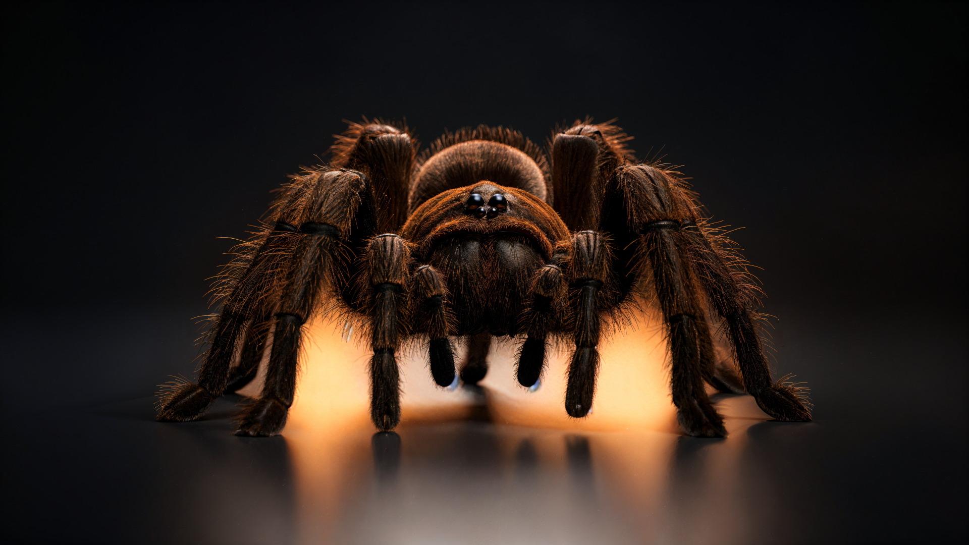 Close-up of a brown tarantula on a moody dark surface, presented as a 4K Ultra HD PC desktop wallpaper and background.