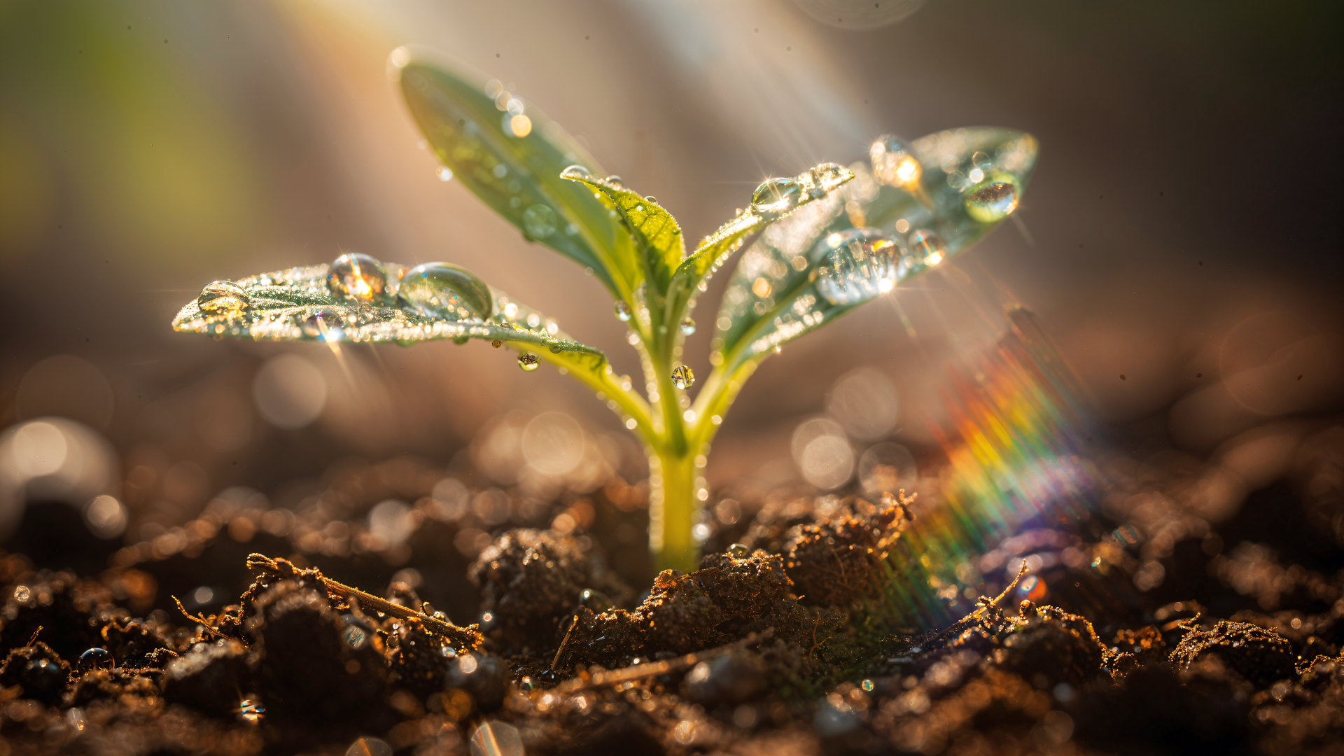 Close-up of a dew-kissed seedling sprouting from rich soil with warm sunlight and a tiny rainbow flare — 4K Ultra HD PC desktop wallpaper and background.