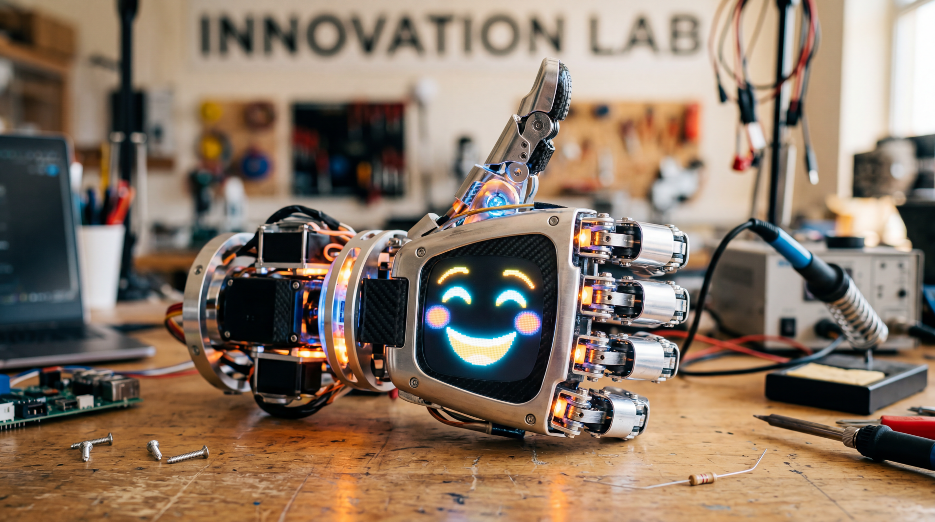 5K Ultra HD PC desktop wallpaper of a smiling robotic hand resting on a workshop bench in an innovation lab, colorful LEDs and tools softly blurred in the background.