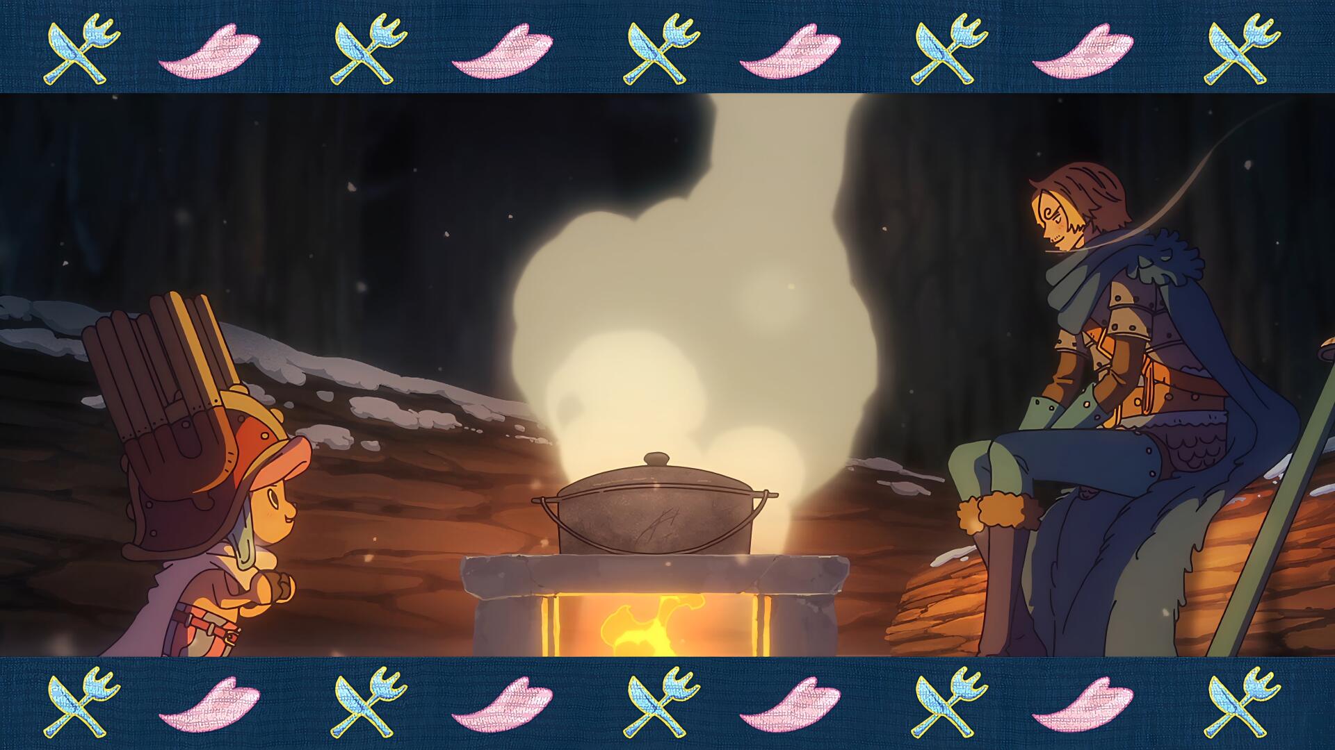 Anime 4K Ultra HD PC wallpaper — One Piece scene: Sanji and Tony Tony Chopper sit opposite each other sharing a steaming pot by a fire in a snowy cave.