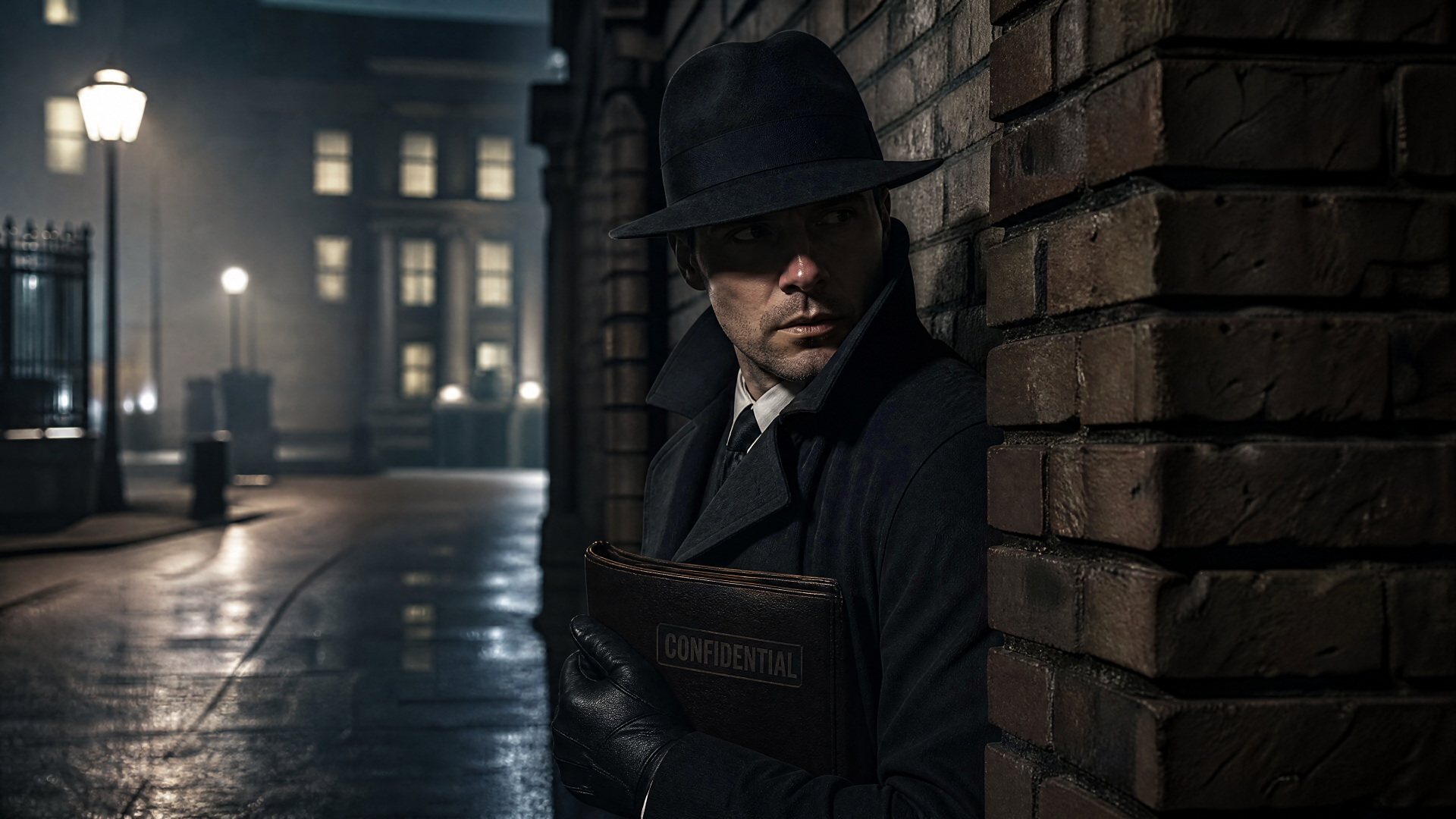 Shadowy spy in fedora and trench coat leans in a rain-slick brick alley, clutching a dossier — moody 4K Ultra HD PC desktop wallpaper and background.
