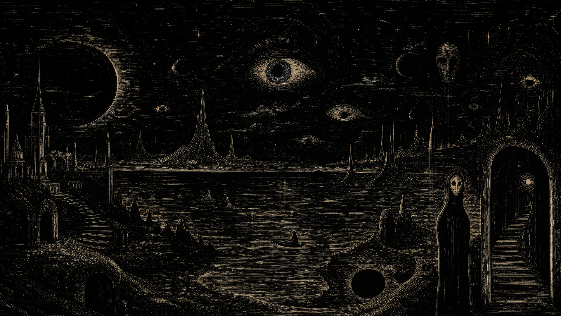 Dark surreal 4K Ultra HD PC desktop wallpaper and background: shadowy alien landscape with crescent moon, floating eyes in the sky, jagged spires, hooded figures and reflective pools.