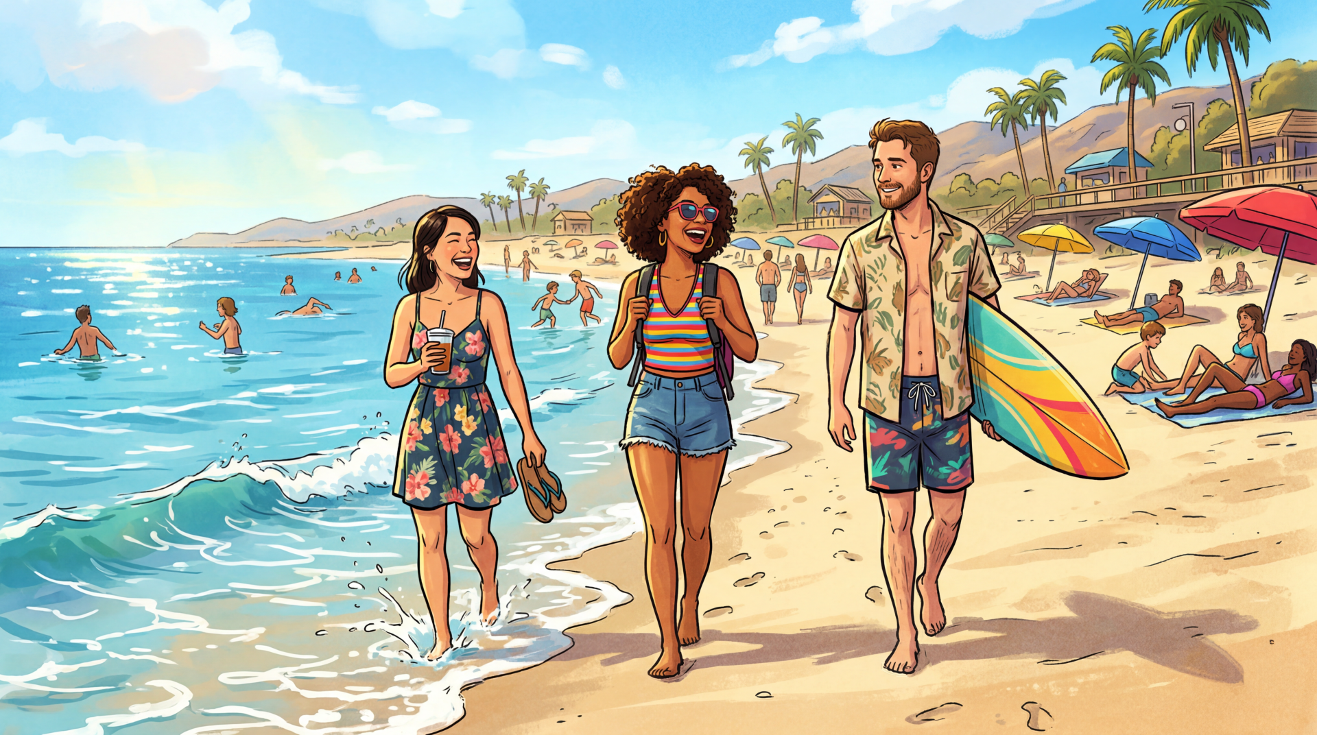 5K Ultra HD PC Desktop Wallpaper and Background: three friends strolling a sunlit beach on summer vacation with a surfboard, palm trees, colorful umbrellas and turquoise waves.