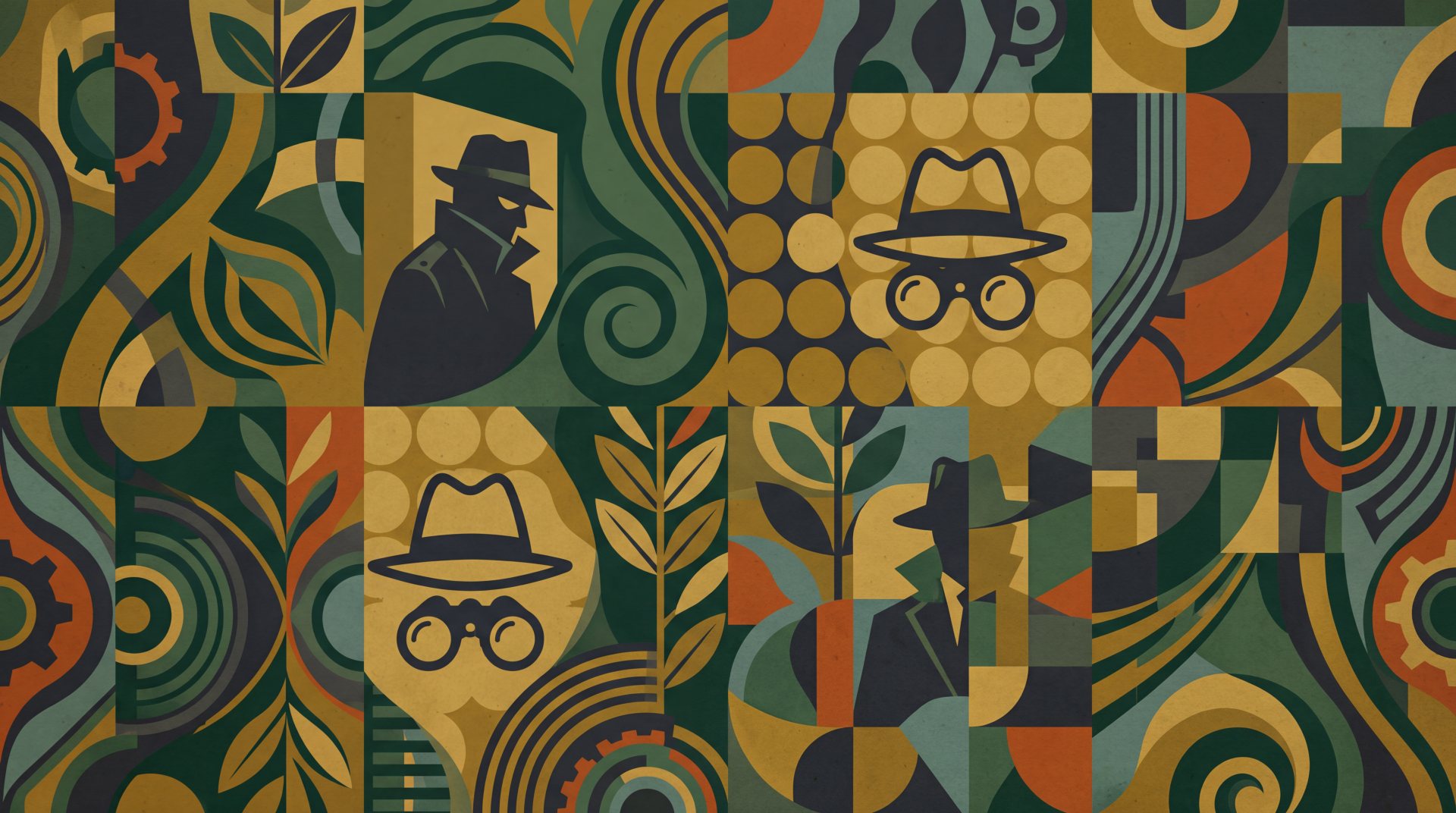 Spy-themed 5K Ultra HD PC desktop wallpaper featuring geometric mosaic of fedora silhouettes, masked eyes, and swirling green, orange, gold patterns.