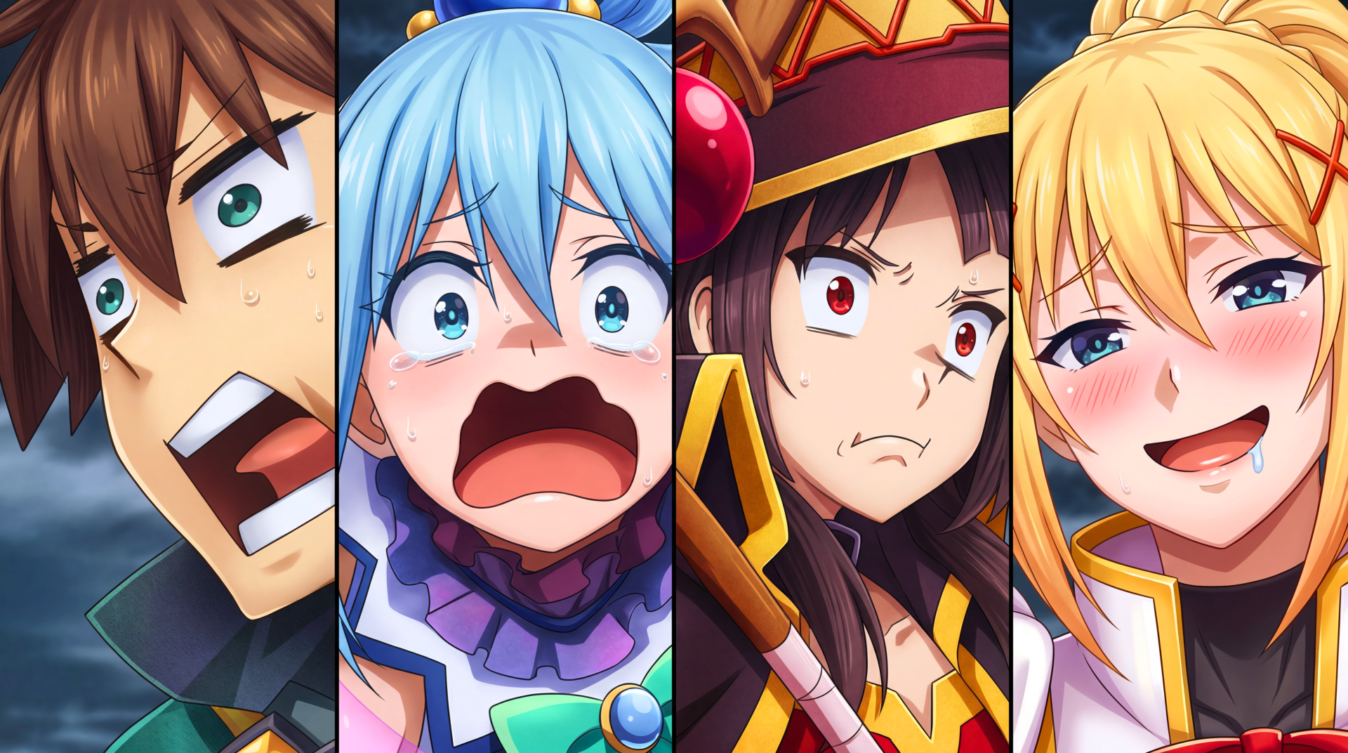 5K Ultra HD anime desktop wallpaper of KonoSuba — God’s blessing on this wonderful world!! showing Kazuma Satou, Aqua, Megumin and a blonde companion in four expressive close-up panels.