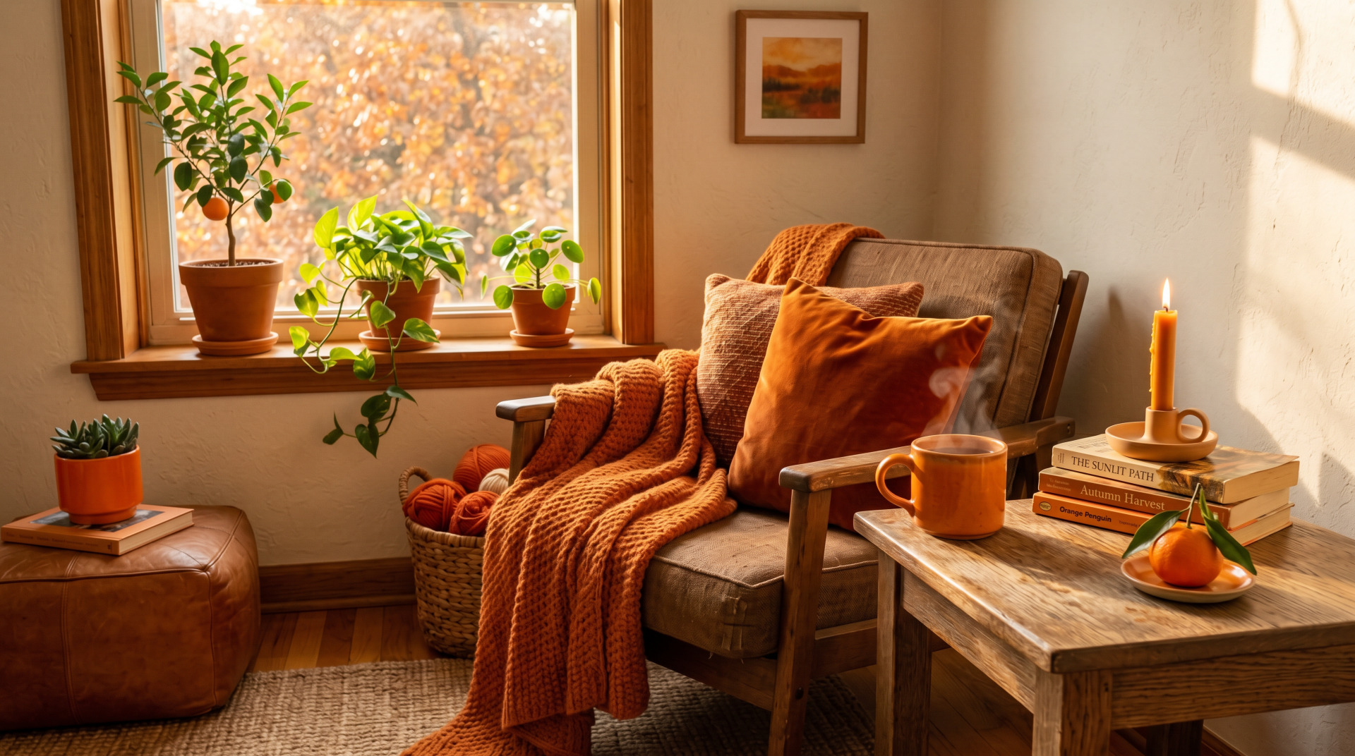 Sunlit reading nook in orange aesthetic: armchair with rust blanket, pillows, potted plants, mug and candle on a wooden table — 5K Ultra HD PC desktop wallpaper.