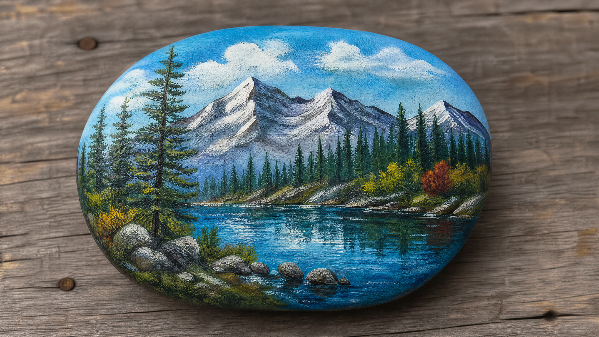 Hand-painted rock with snowy mountains, pine forest and reflective lake on wood; 4K Ultra HD PC Desktop Wallpaper and Background.