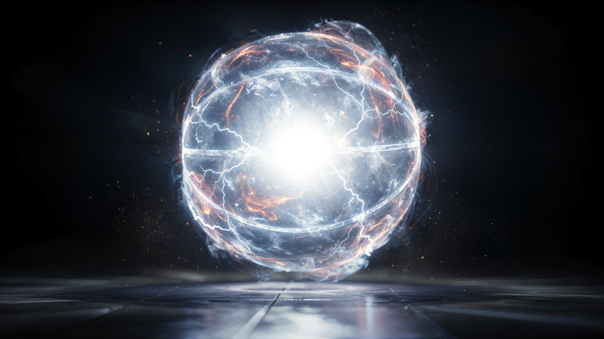 Glowing electric energy orb with lightning arcs and luminous core hovering above a reflective surface — 4K Ultra HD PC desktop wallpaper and background.