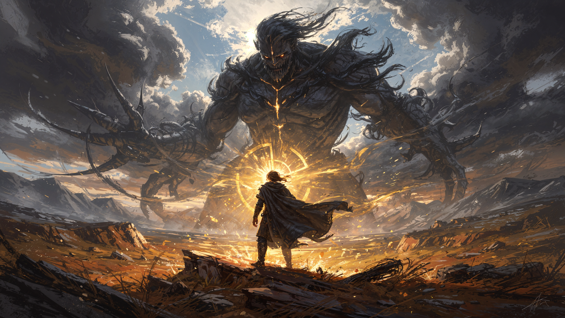4K Ultra HD PC desktop wallpaper: a lone cloaked hero faces a towering shadow titan under stormy skies and golden light, a dramatic scene evoking courage.
