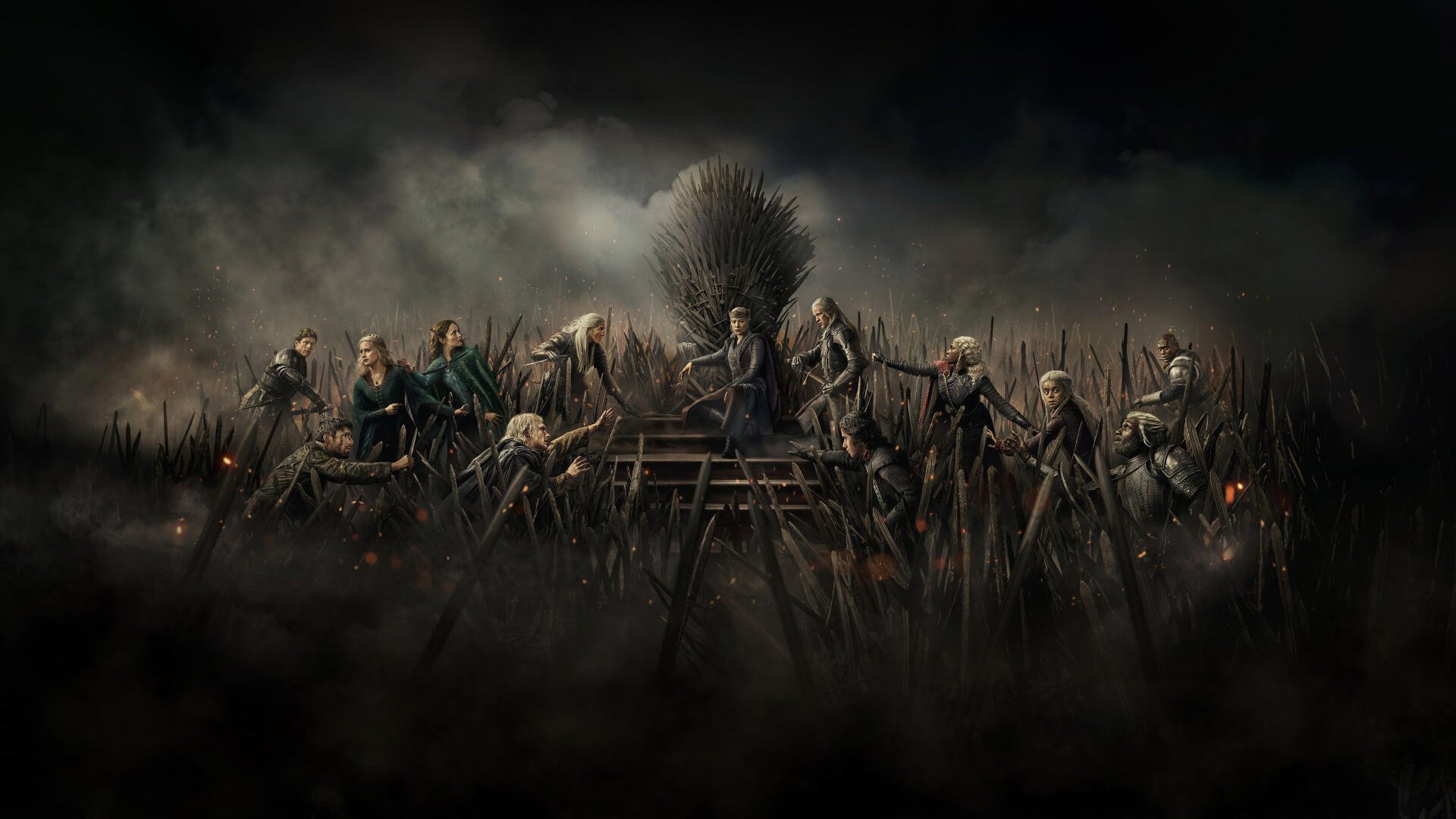 House of the Dragon 4K Ultra HD PC desktop wallpaper: dark, smoky tableau of armored Targaryen figures and warriors assembled before a jagged iron throne.