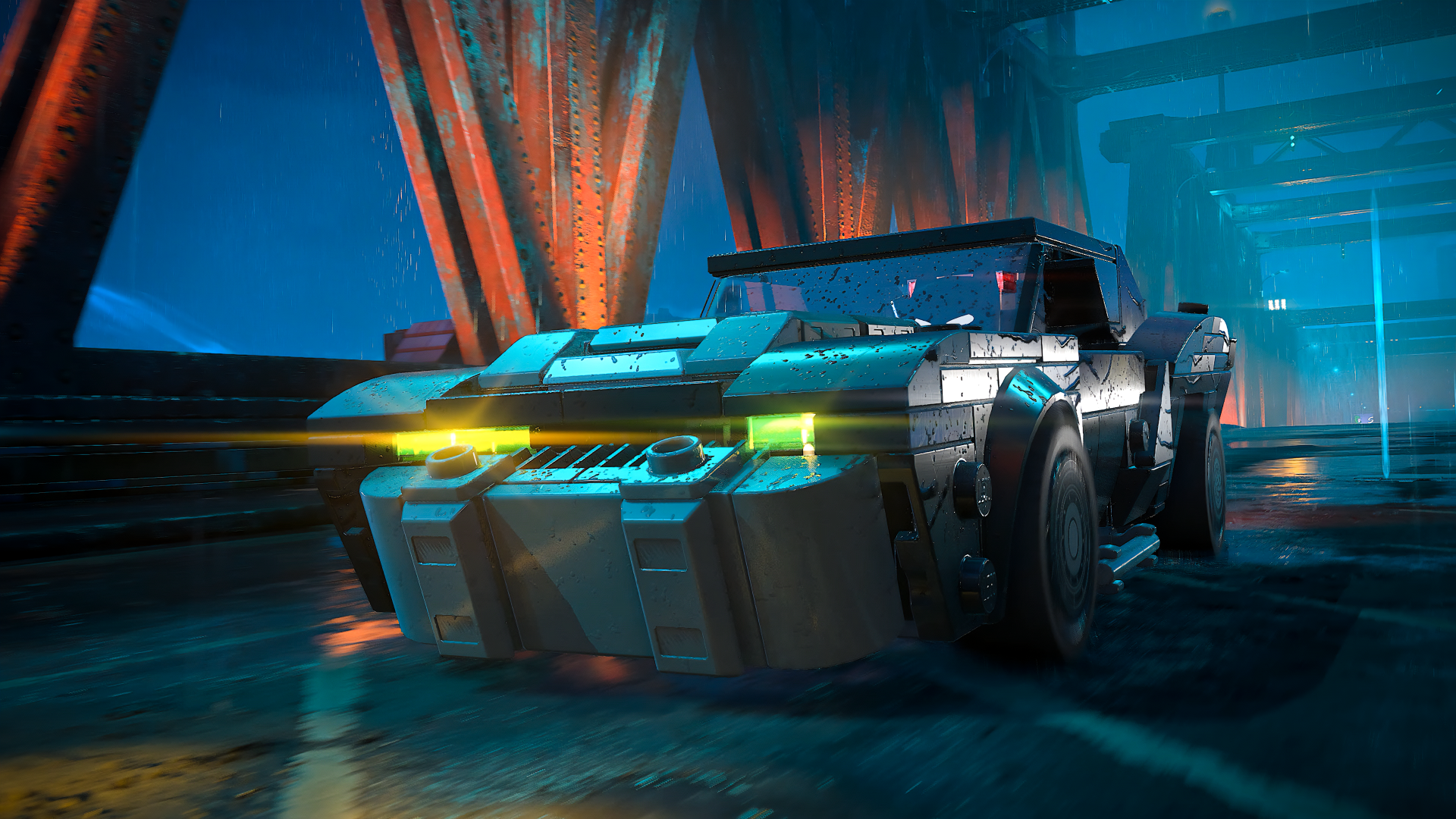 4K Ultra HD PC desktop wallpaper and background of a Lego Batmobile speeding through neon, rain-soaked streets — video game art from Lego Batman: Legacy of the Dark Knight.
