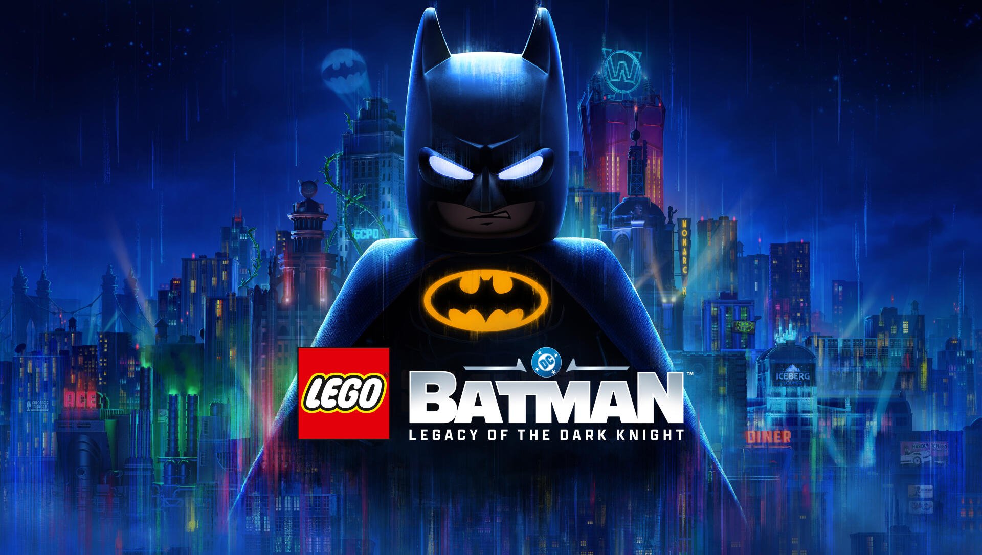 LEGO Batman: Legacy of the Dark Knight video game 8K Ultra HD PC wallpaper — brooding LEGO Batman in foreground with neon-lit Gotham skyline and game logo below.