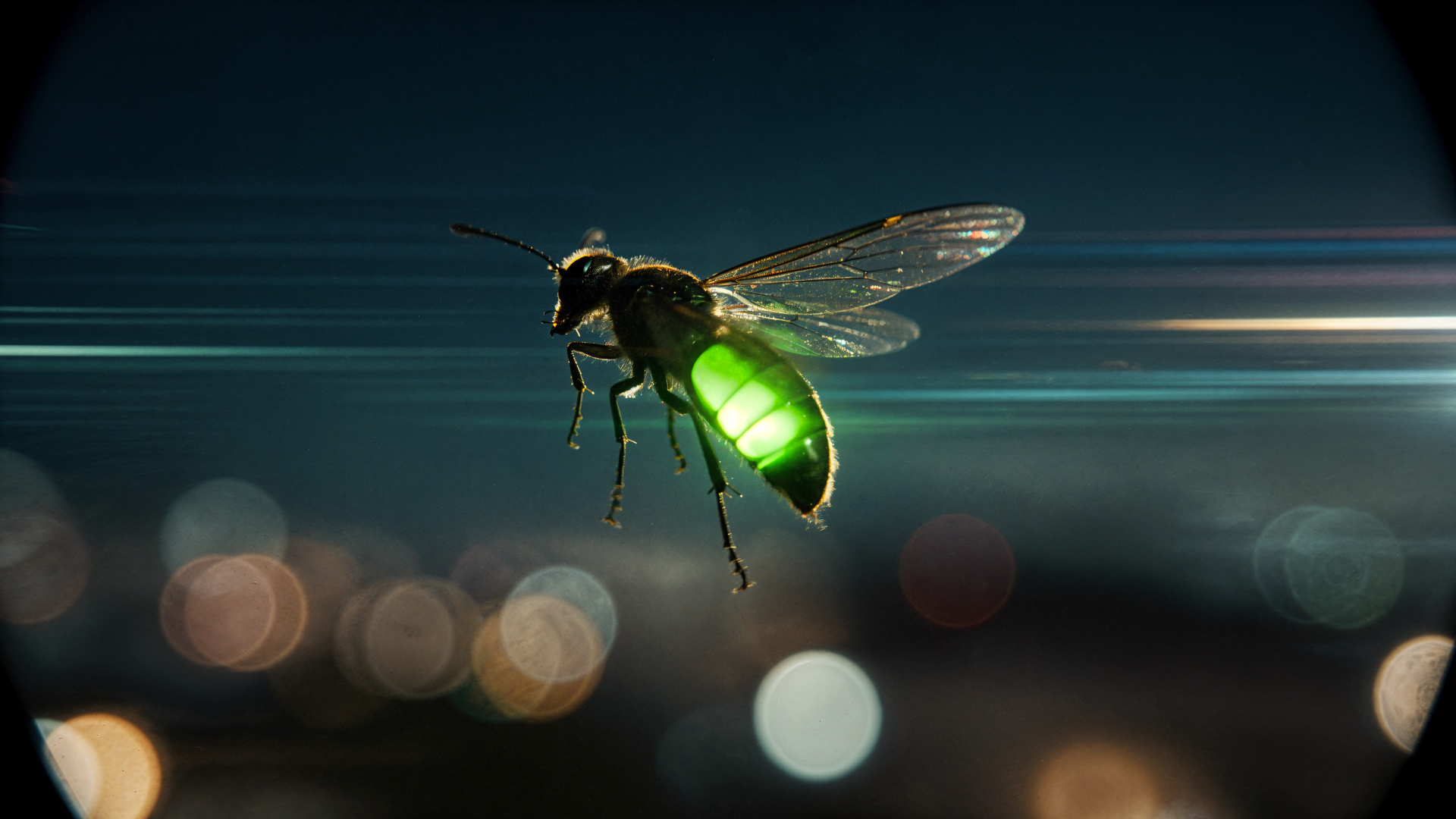 Close-up of a glowing green firefly (bug) in flight over blurred city lights — 4K Ultra HD PC desktop wallpaper/background.