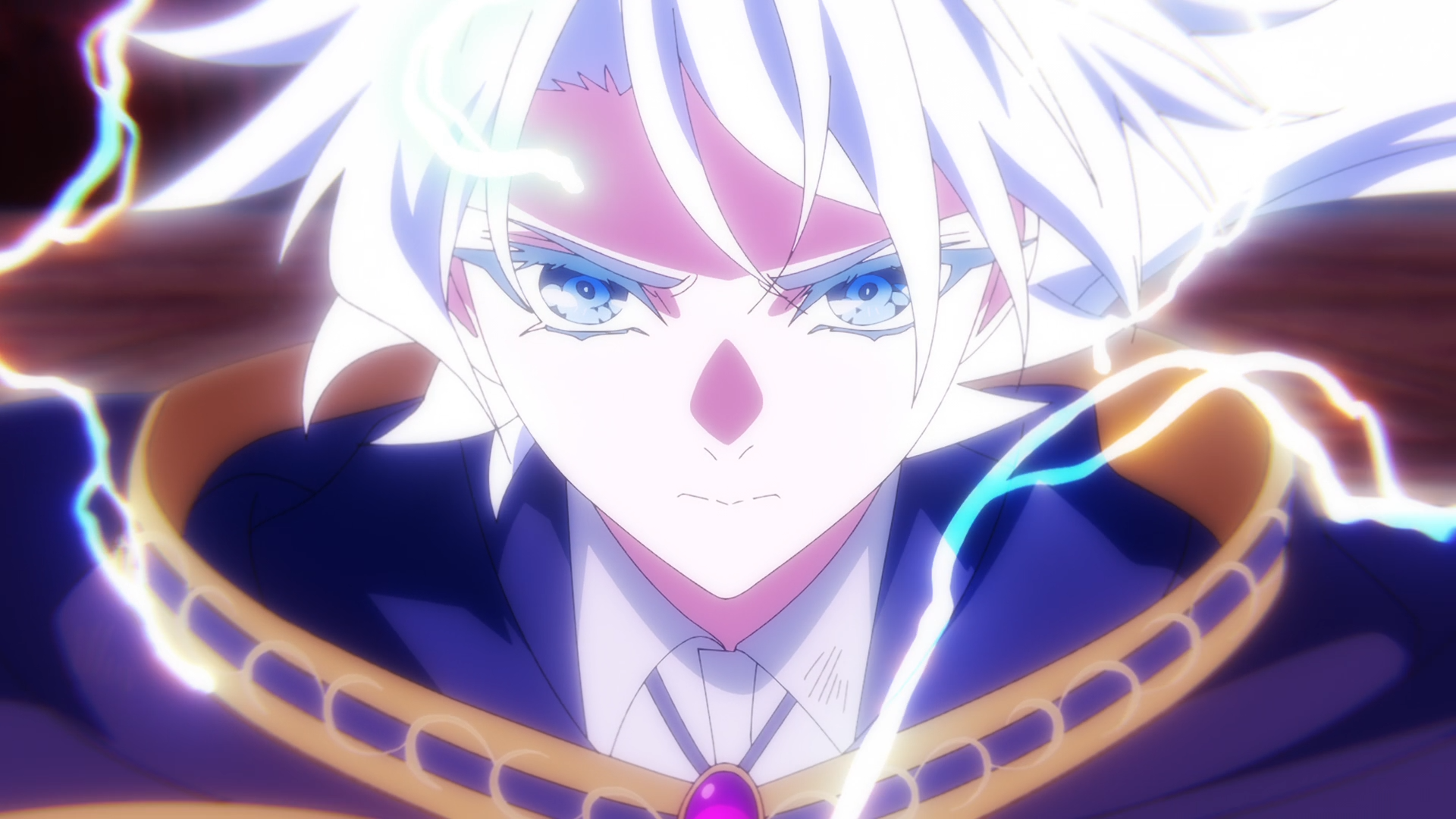 HD anime desktop wallpaper of Will Serfort from Wistoria: Wand and Sword — white-haired mage with piercing blue eyes, cloak and crackling lightning effects